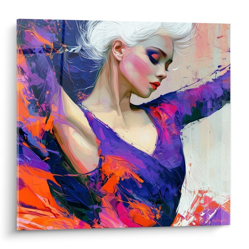Tableau Danseuse aux cheveux blancs violet et orange - Chevelure argentée profil - Edition Danseuse abstrait