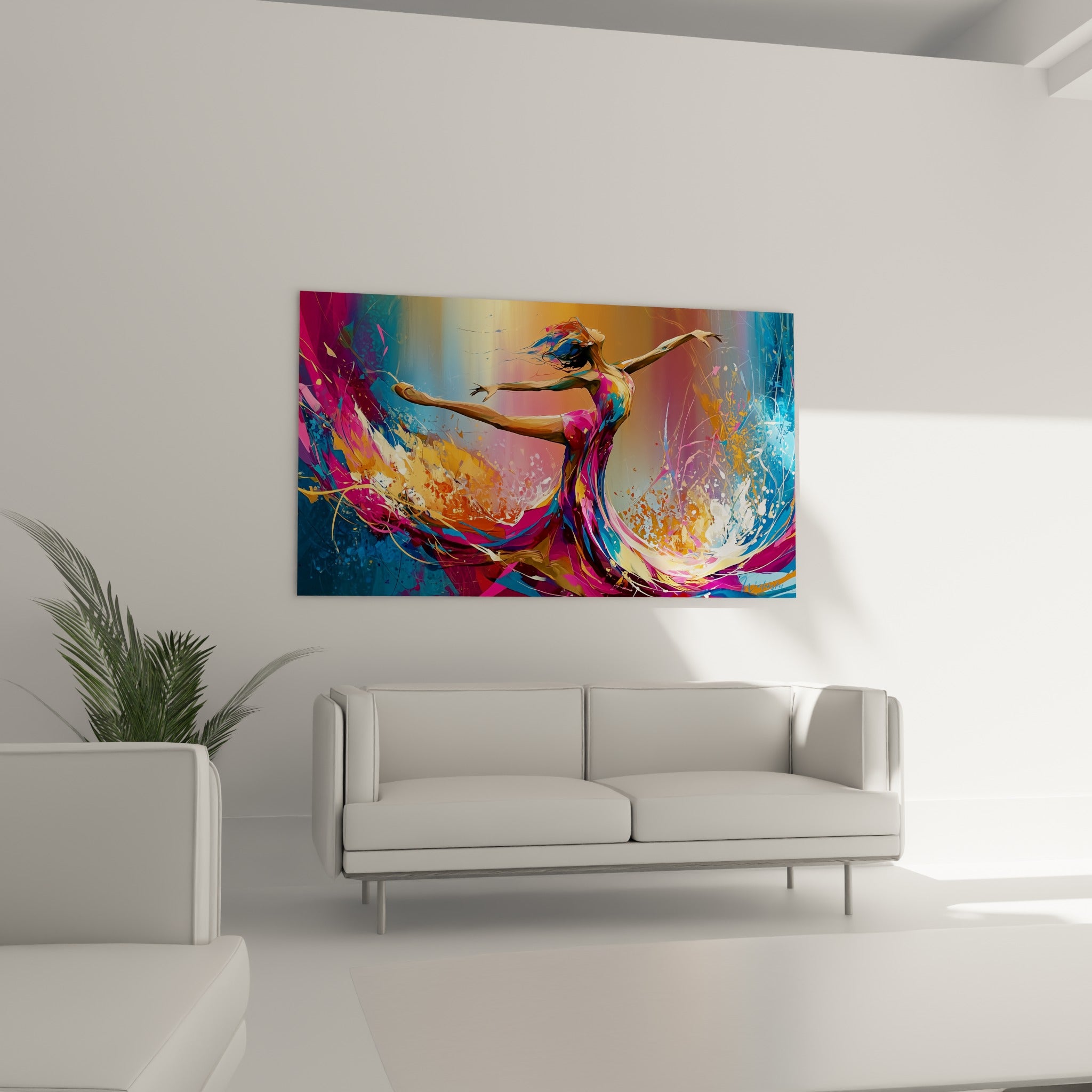 Mouvement tourbillonnant violet et orangé de la danseuse, au-dessus d'un canapé dans un salon lumineux
