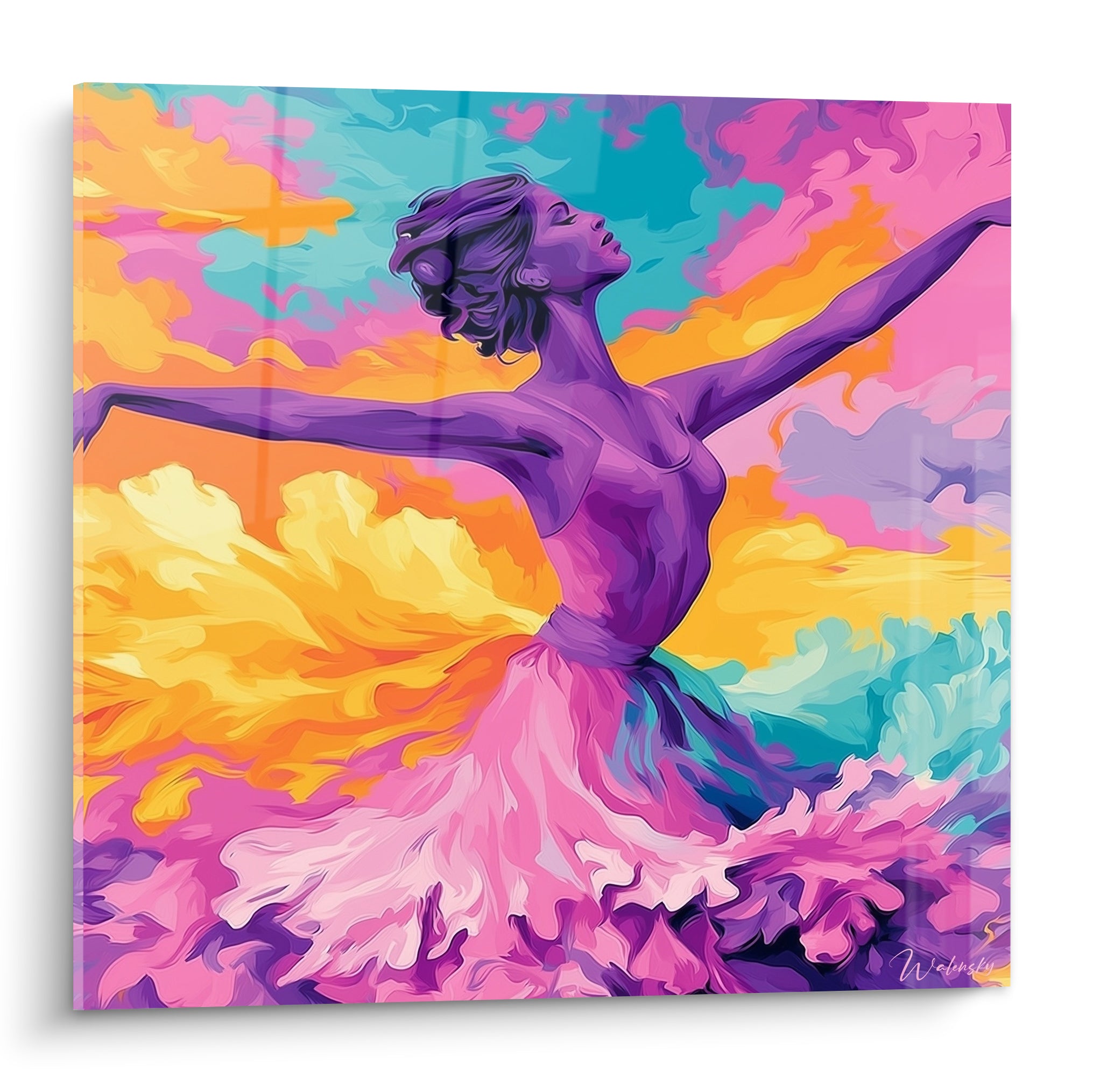 Danseuse abstraite violette bras déployés sur fond rose fuchsia et turquoise éclatant