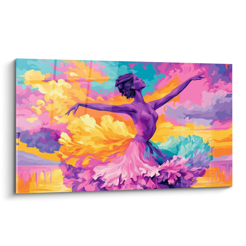 Tableau Danseuse violette aux nuages jaune et rose - Silhouette au ciel embrasé - Edition Danseuse abstrait