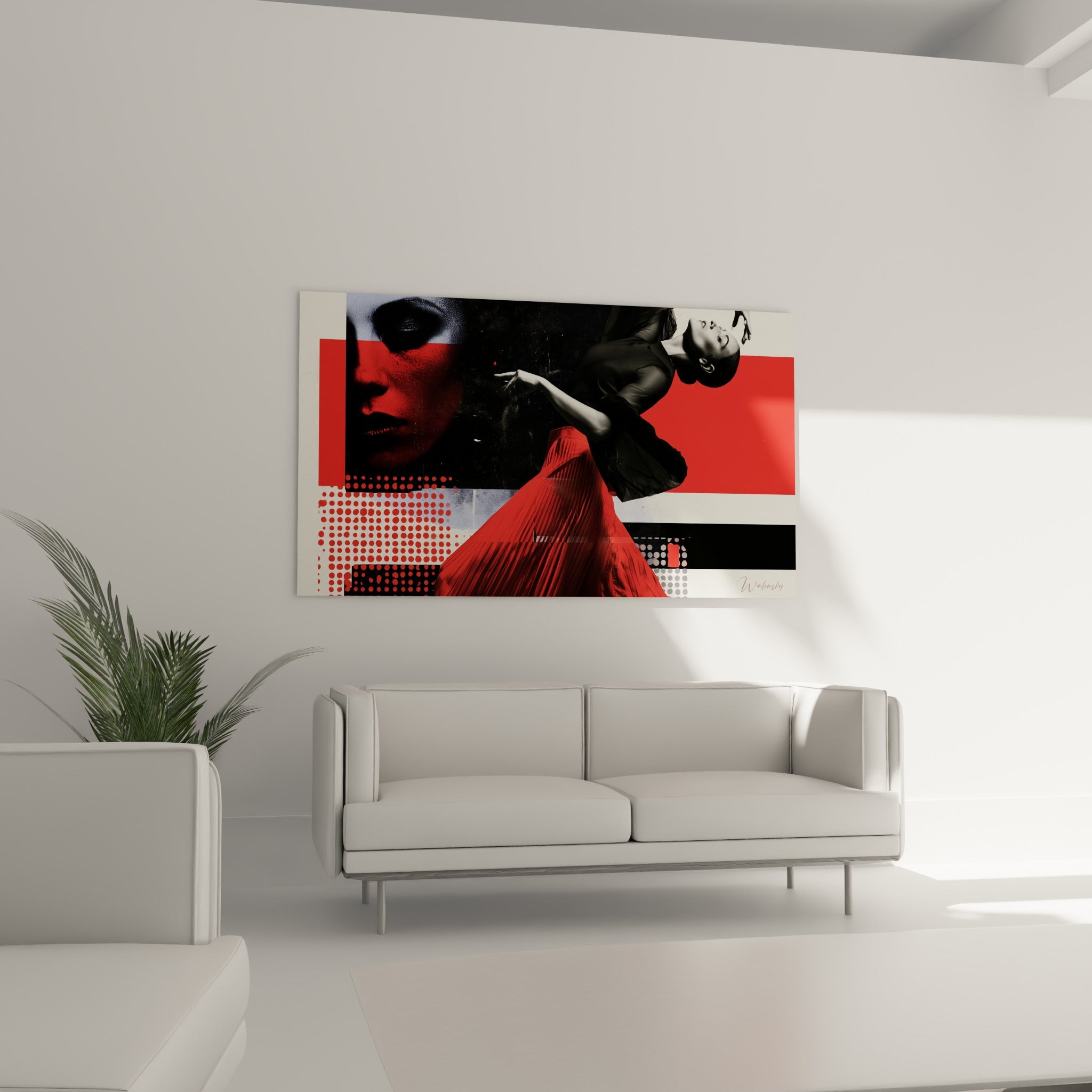 Mouvement de flamenco rouge et anthracite de la Danseuse abstrait, au-dessus d'un canapé dans un salon lumineux
