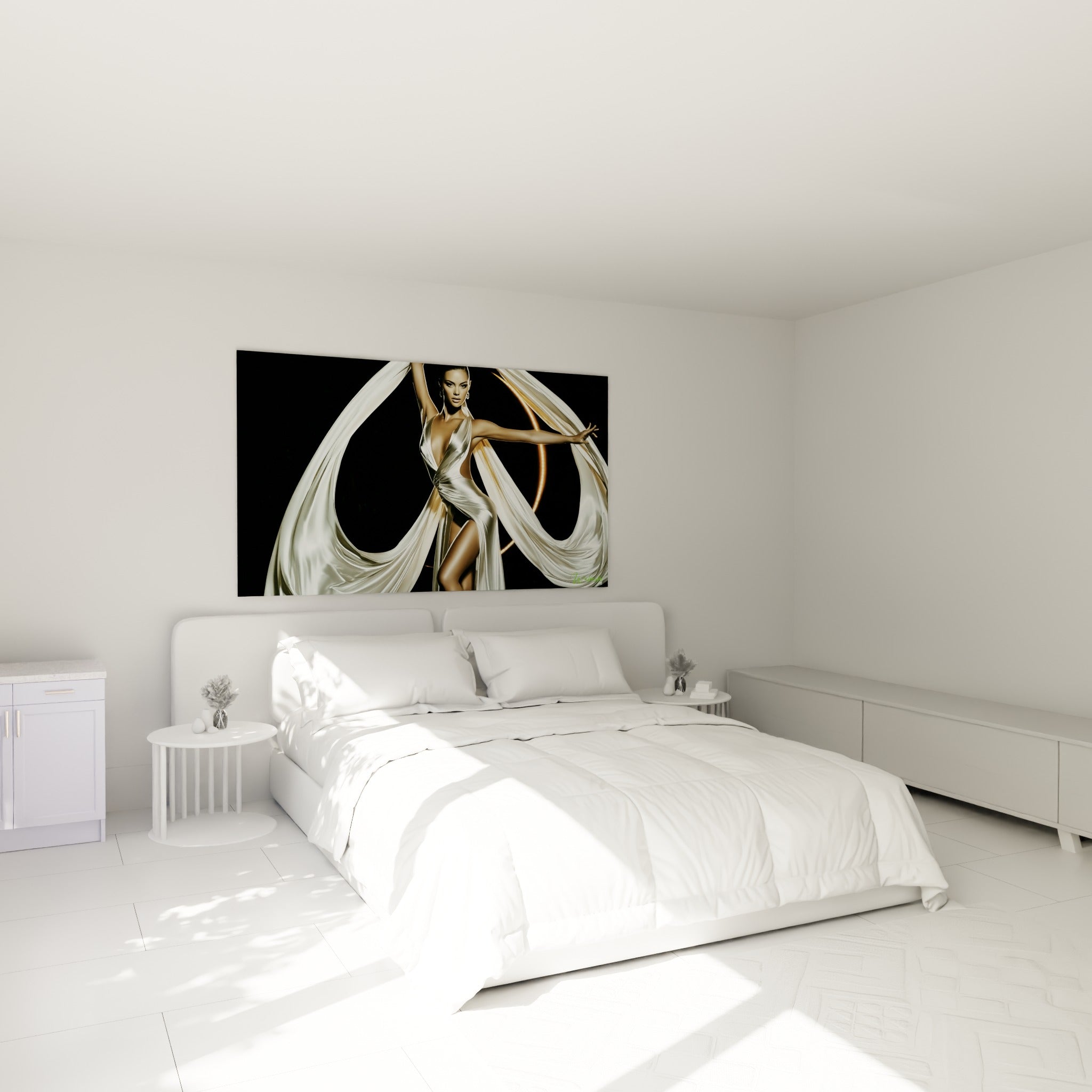 Danseuse abstrait au voile blanc et halo doré, geste ample, au-dessus d'un lit dans une chambre claire
