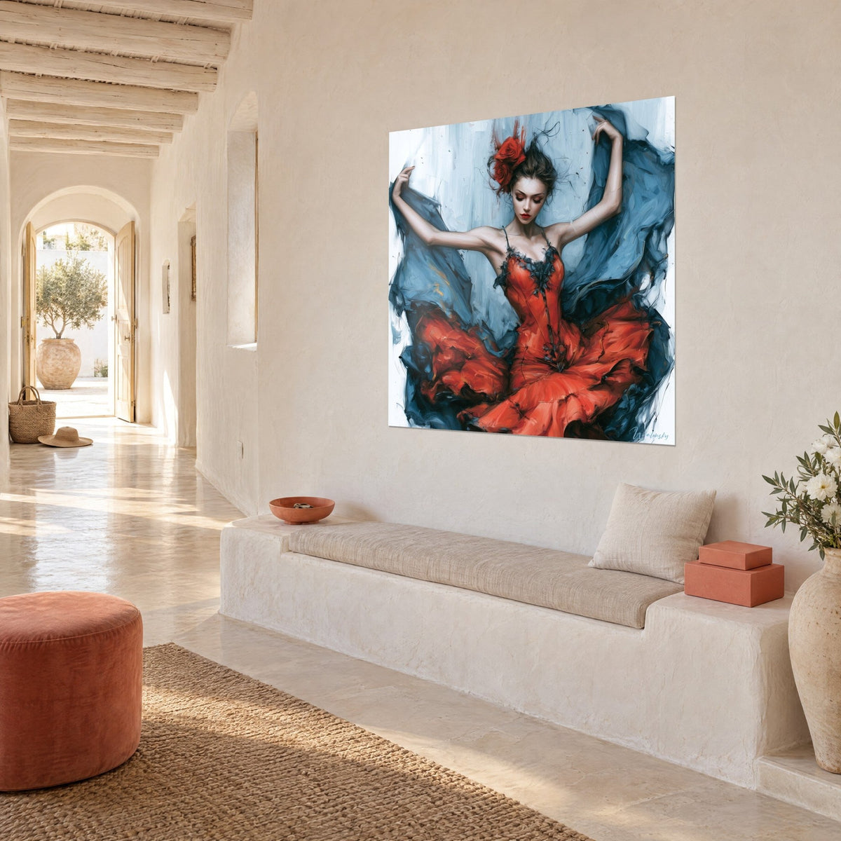 Tableau ballerine aux roses rouges dans les cheveux, jupe orangée et châle azur, vue de trois-quarts dans un couloir clair