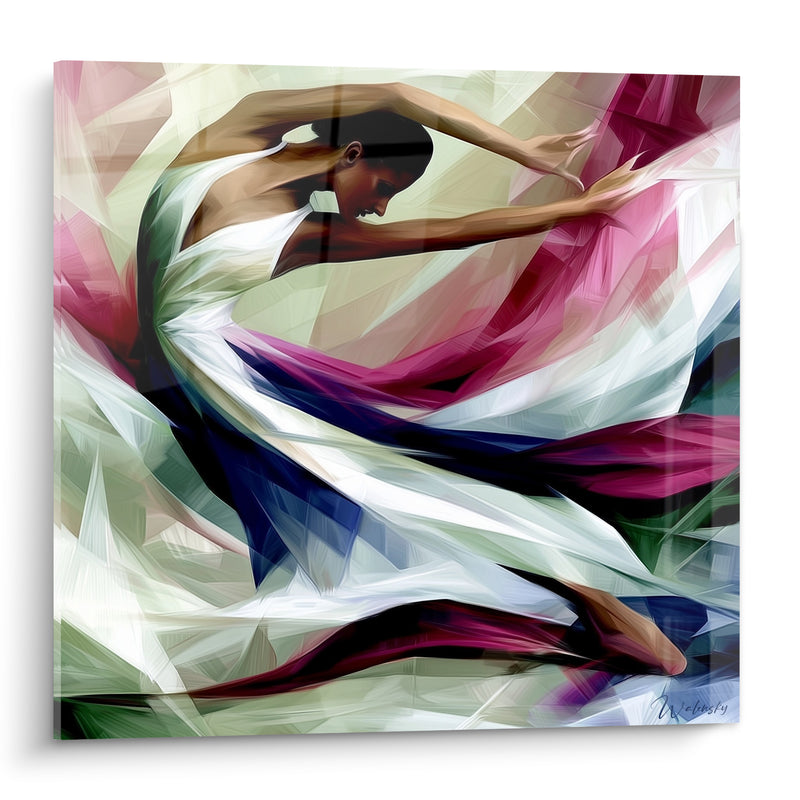 Tableau Danseuse robe blanche et magenta jambe tendue - Voiles bleu marine - Edition Danseuse abstrait