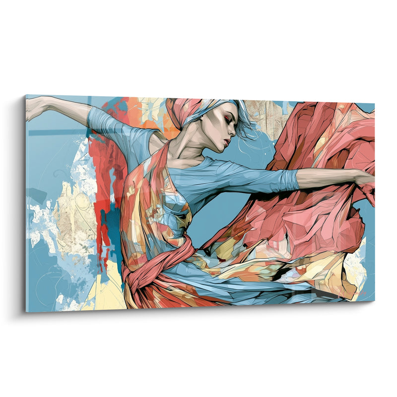 Tableau Danseuse manches bleues et voile corail noué - Foulard drapé à la taille - Edition Danseuse abstrait
