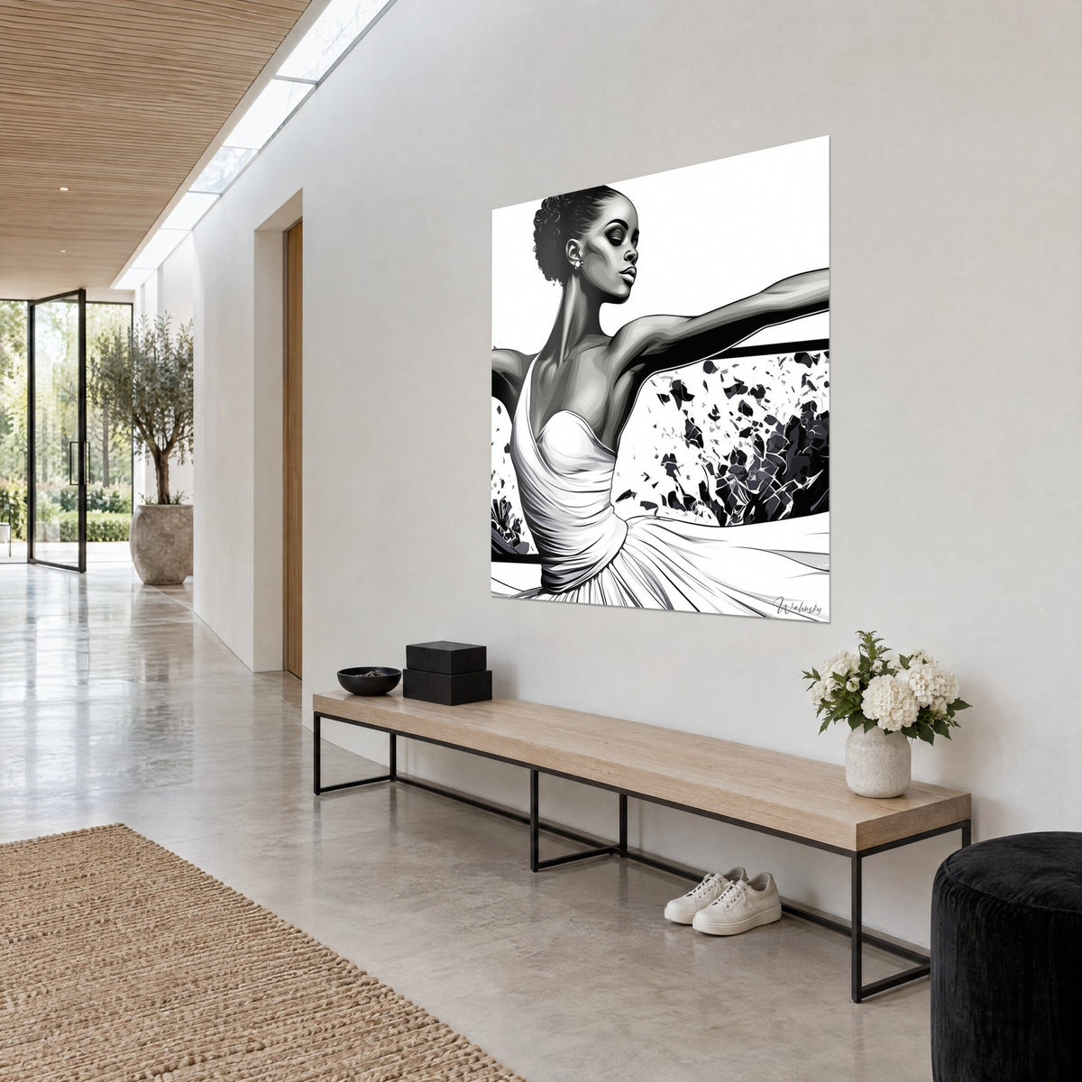 Tableau ballerine au chignon bouclé, visage de profil, corsage plissé blanc et gris, vue de trois-quarts dans un couloir clair