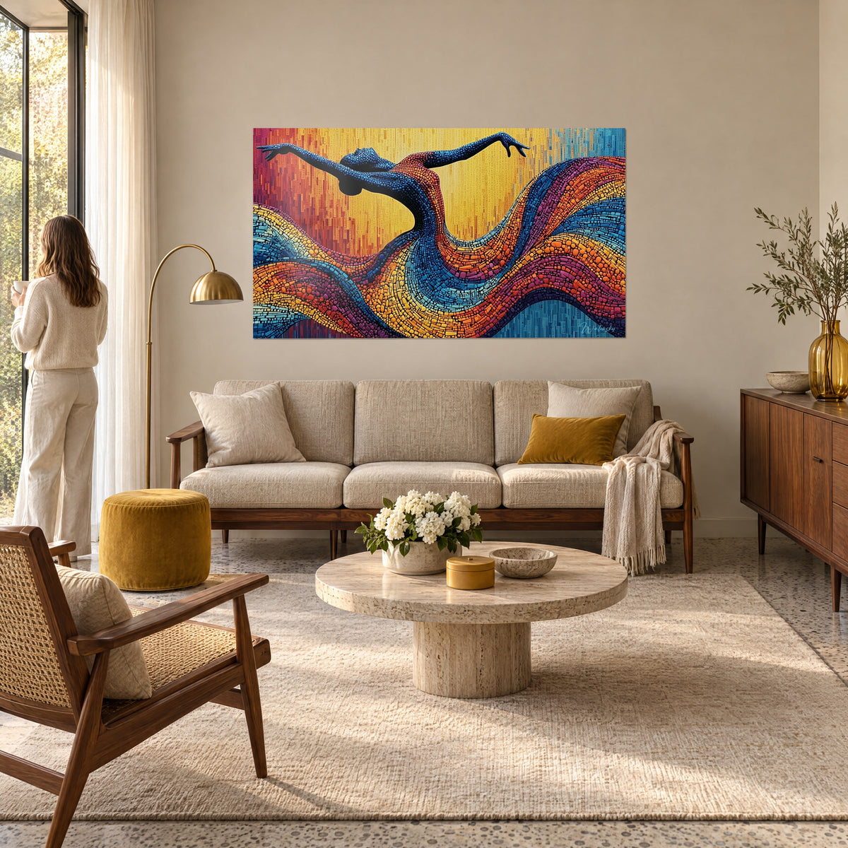 Wall art mosaic dancer in blue, arms outstretched over orange and golden waves, above a sofa in a bright living room