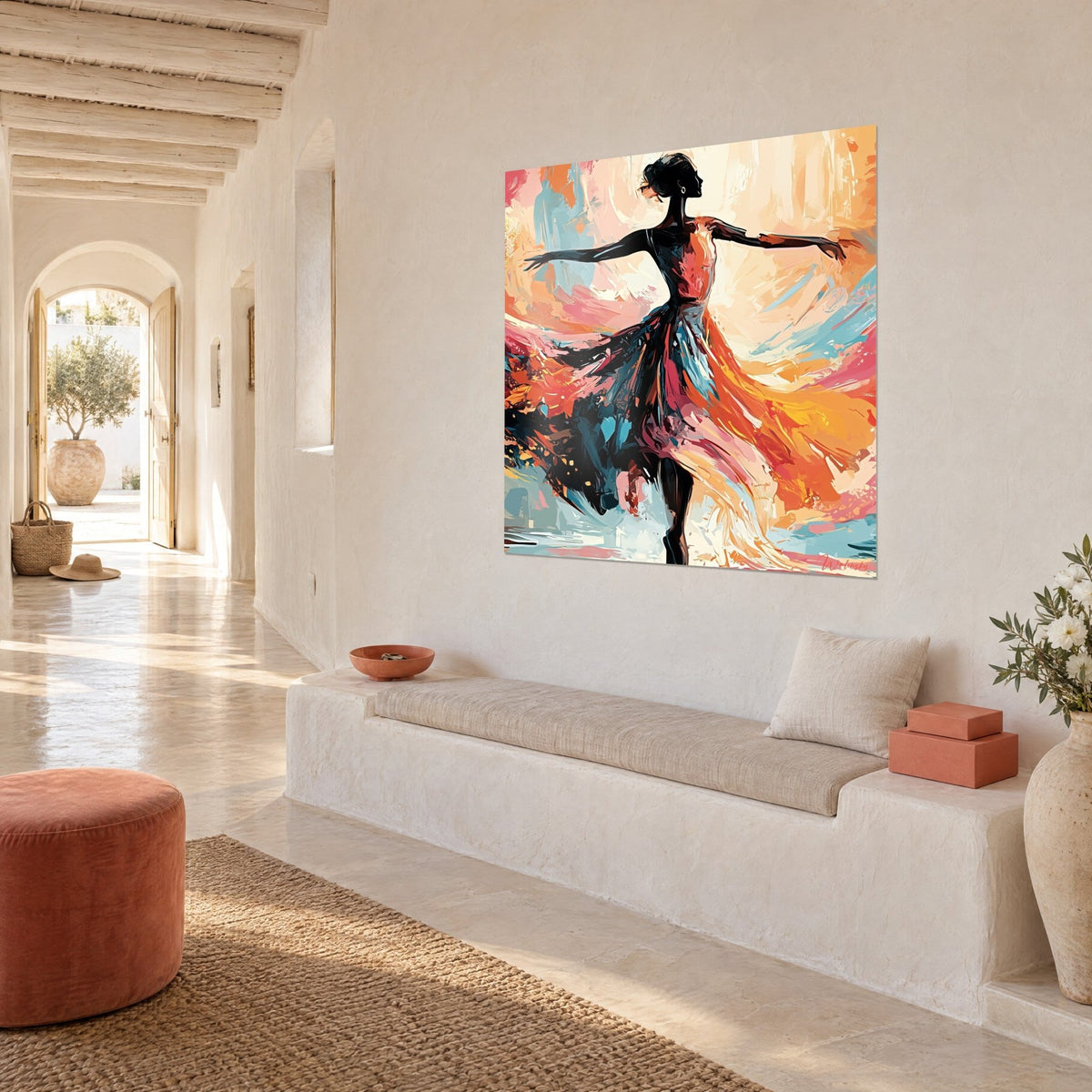 Tableau ballerine tourbillonnante aux jupons turquoise et safran, traits de couteau, en vue de trois-quarts dans un couloir clair