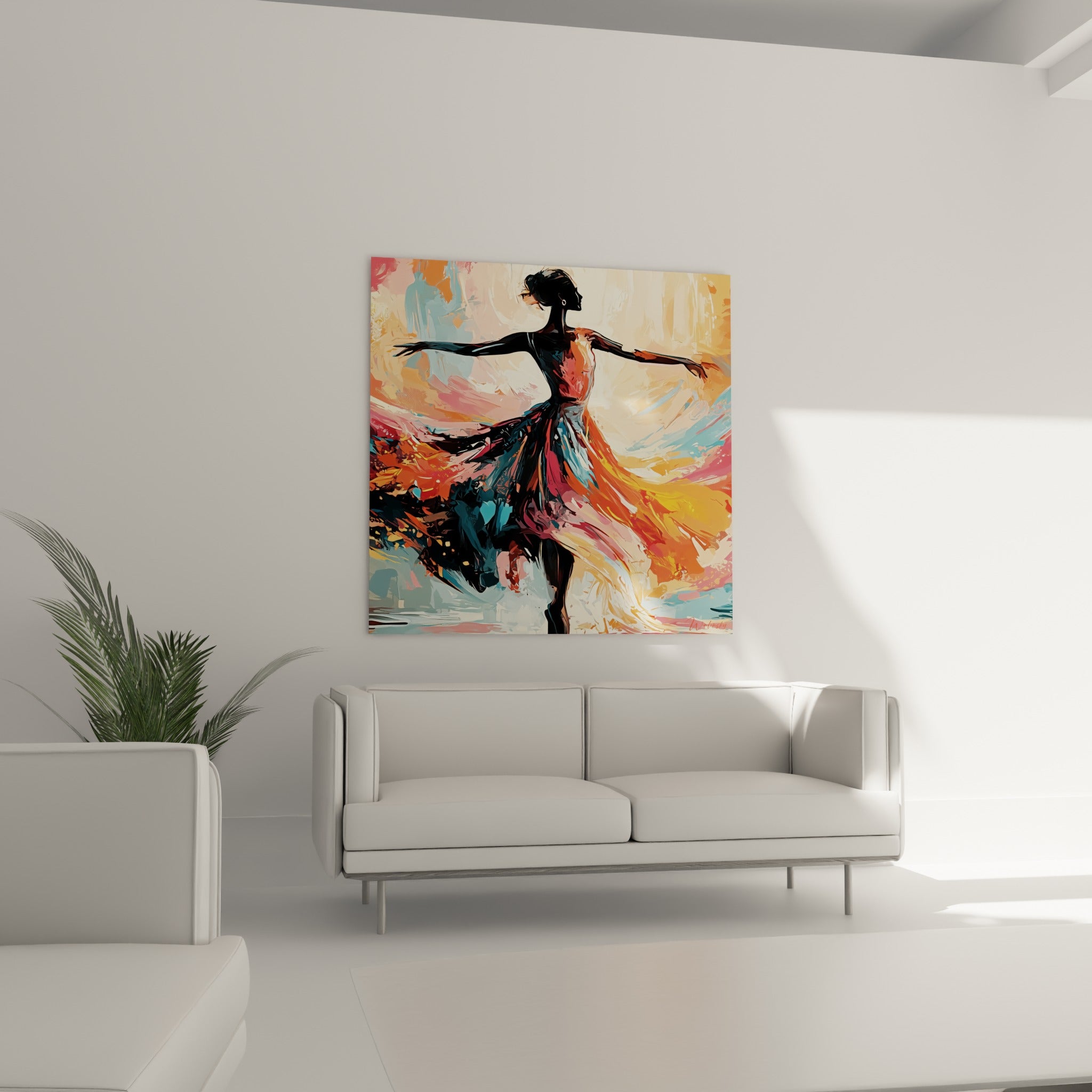 Figure de danseuse abstrait en robe terracotta et bleu pastel, au-dessus d'un canapé dans un salon lumineux