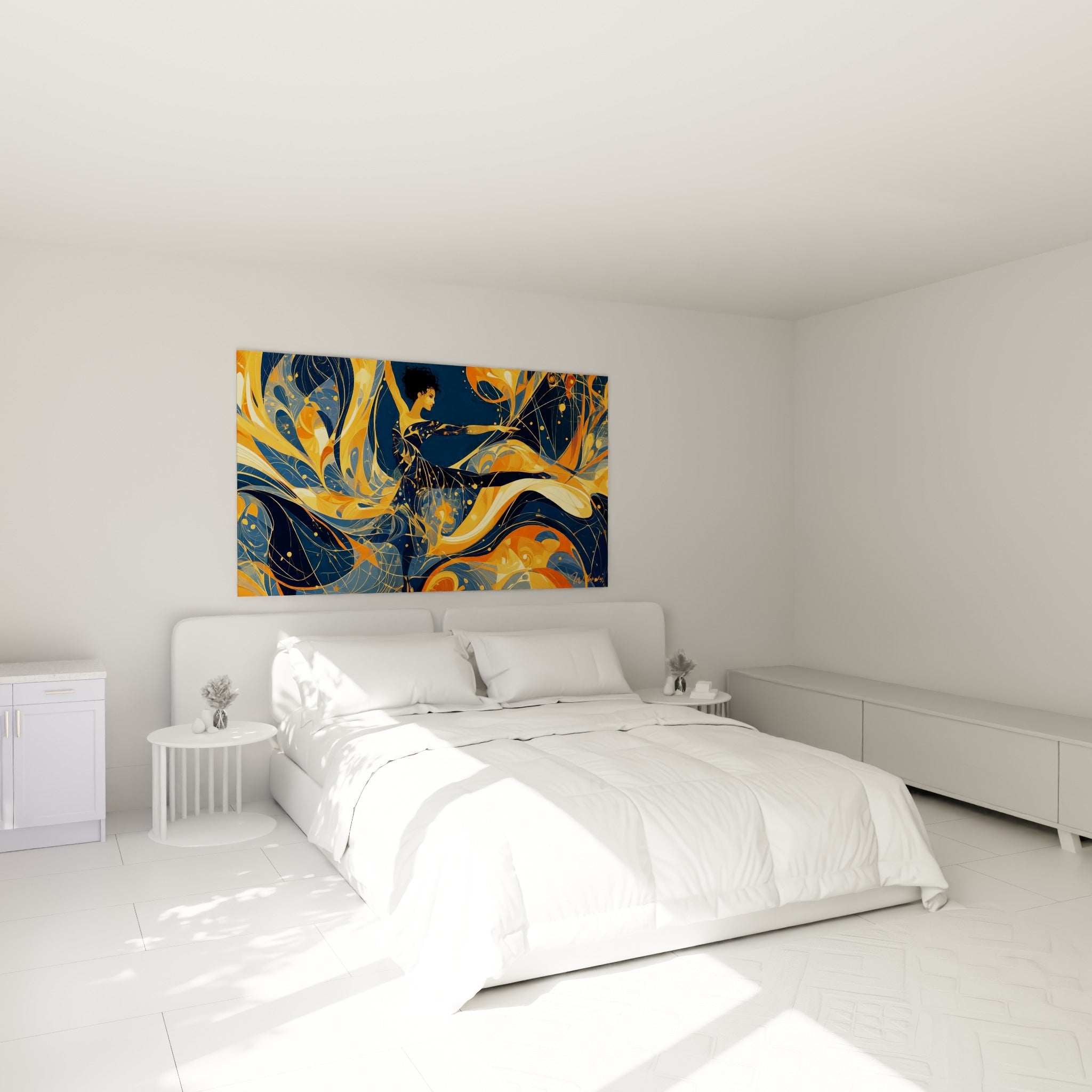 Silhouette dansante bleu marine et orange, volutes dorées, au-dessus d'un lit dans une chambre claire