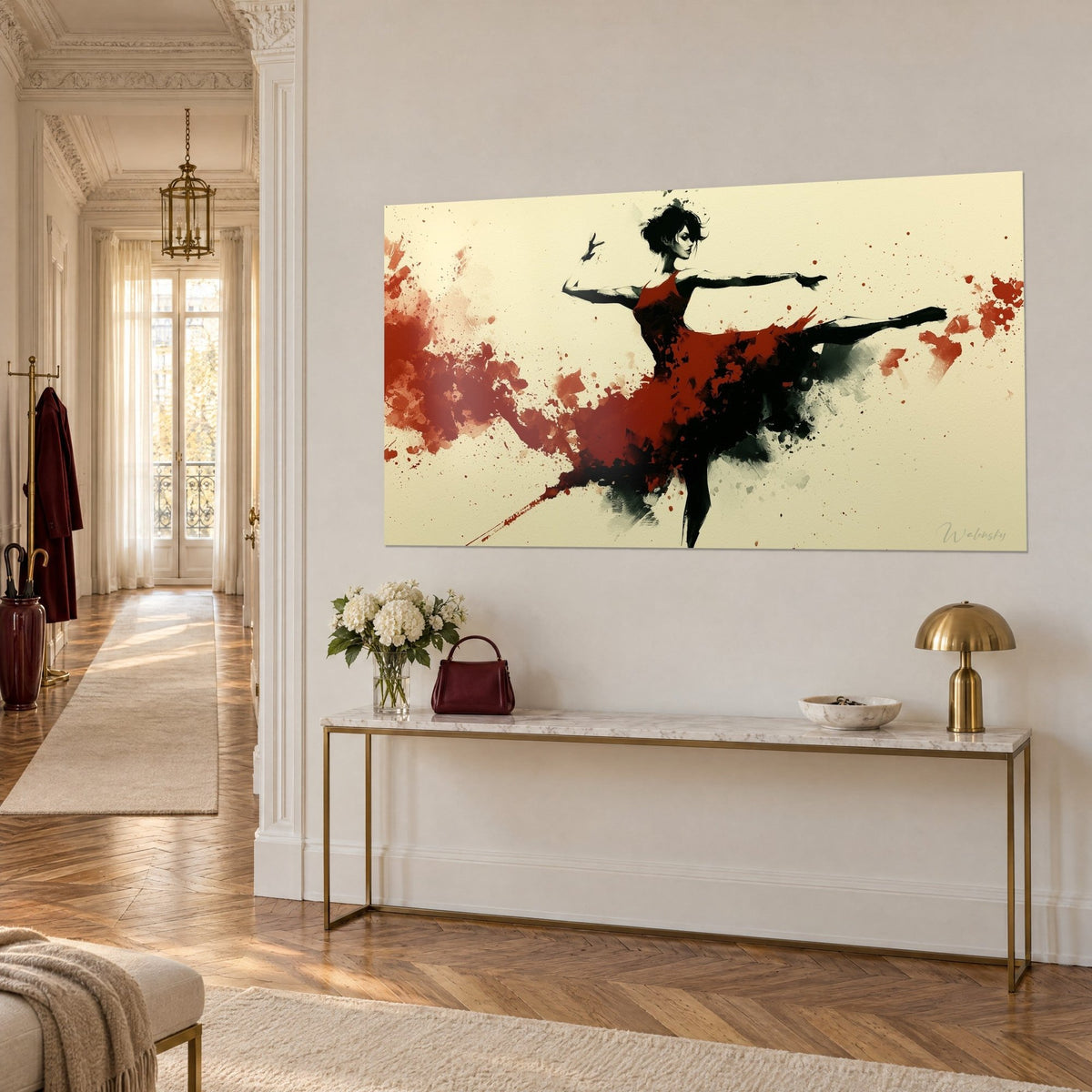 Tableau danseuse jambe tendue, tutu rouge brique et taches noires, éclats d'encre sur papier ivoire, mur haussmannien