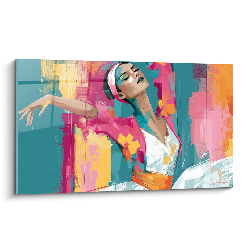 Tableau Danseuse rose et turquoise au bandeau blanc - Tête renversée yeux clos - Edition Danseuse abstrait
