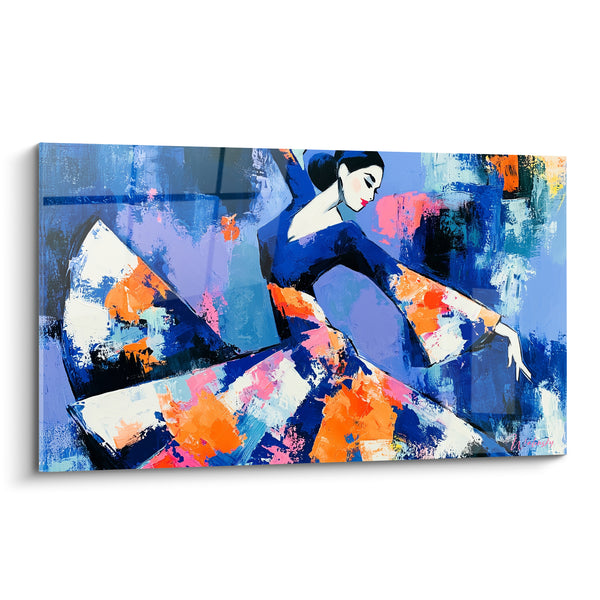 Painting Dancer blue and orange swirling dress - Flight of flamenco - Dancer abstract edition