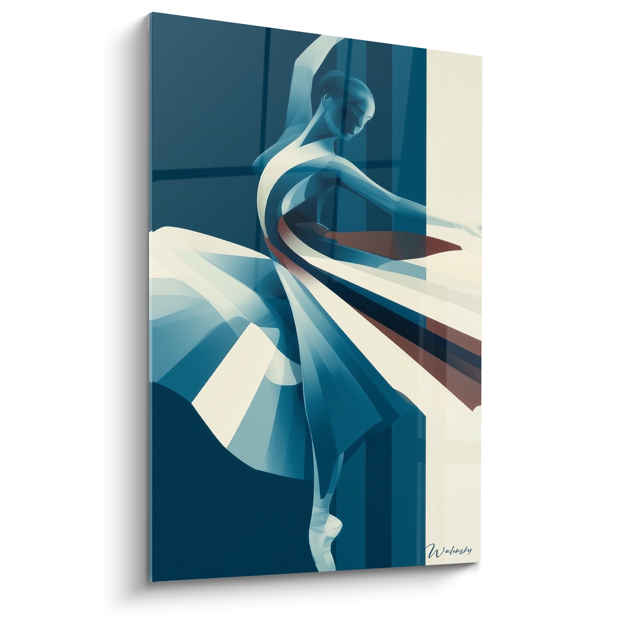 Danseuse abstraite en bleu marine et blanc cassé, bras levé, jupe déployée en pointe