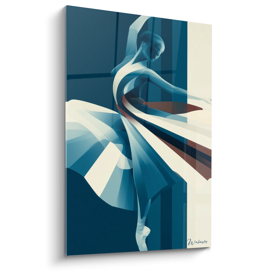 Tableau Danseuse jupe bleue et ivoire aux rubans - Pointe et bras levé - Edition Danseuse abstrait