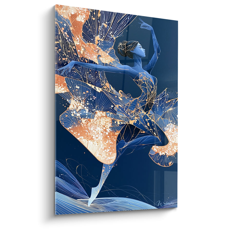 Tableau Danseuse robe bleue et cuivre aux pans nervurés - Chignon tressé de profil - Edition Danseuse abstrait