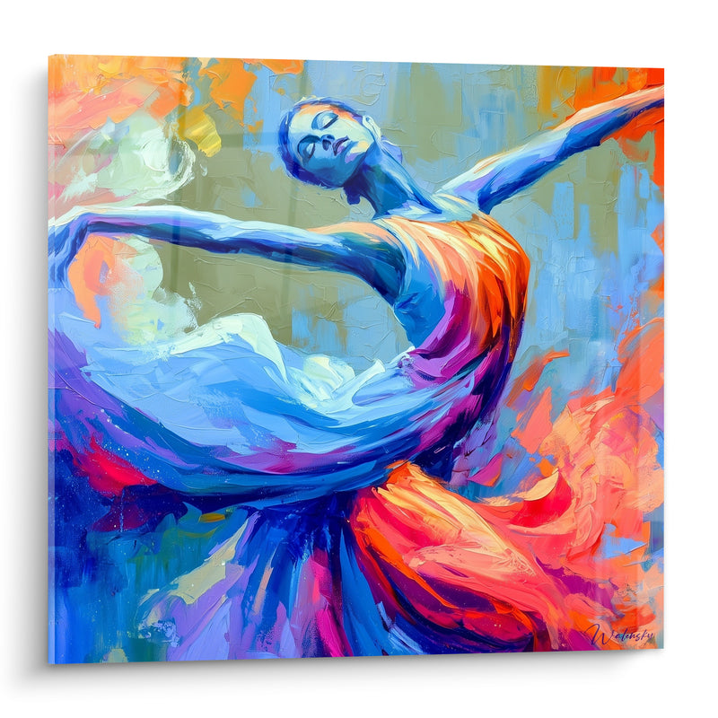 Tableau Danseuse robe orange et bleue déployée en spirale - Visage aux yeux clos - Edition Danseuse abstrait