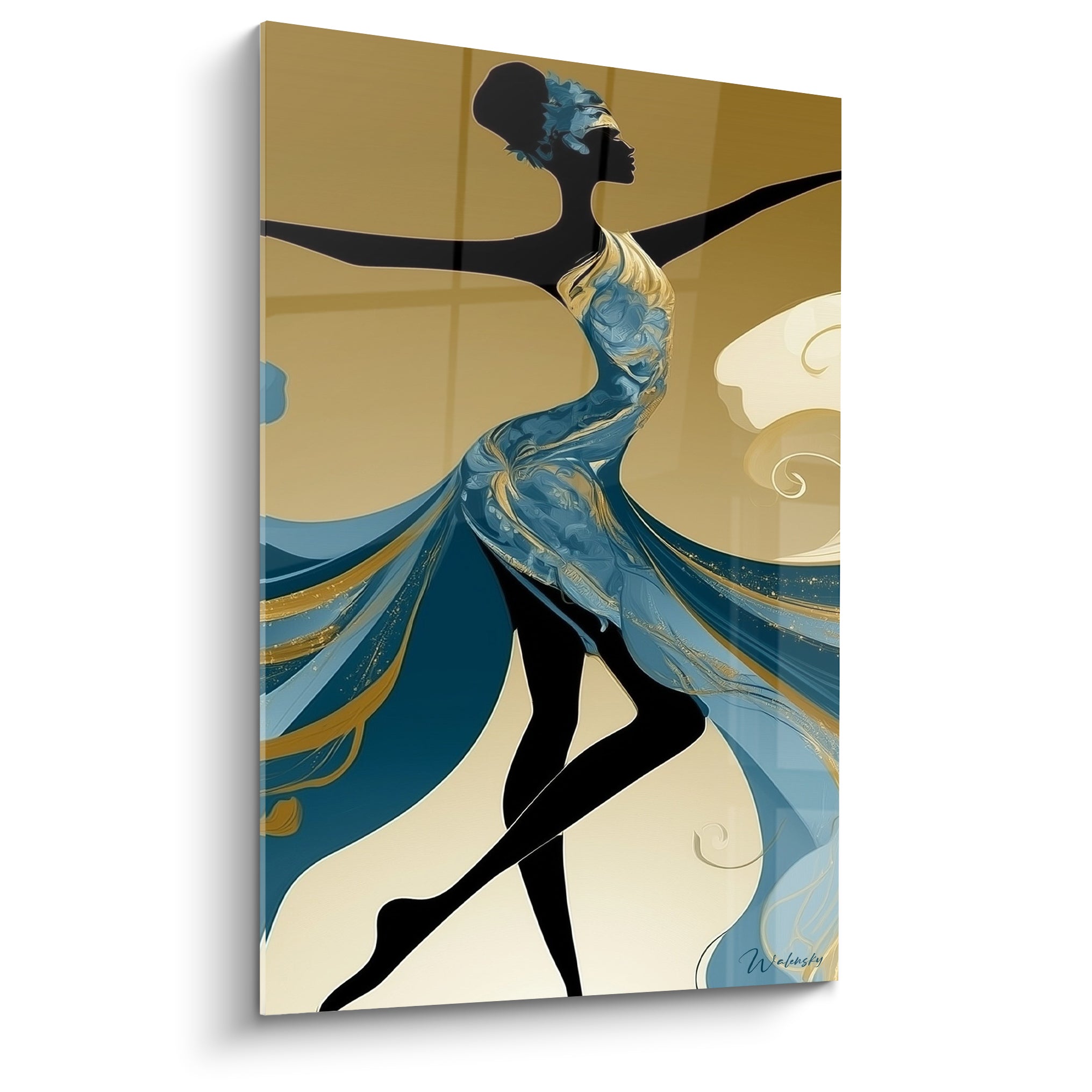 Danseuse silhouette noire aux bras déployés, robe bleu pétrole et doré, fond doré chaleureux