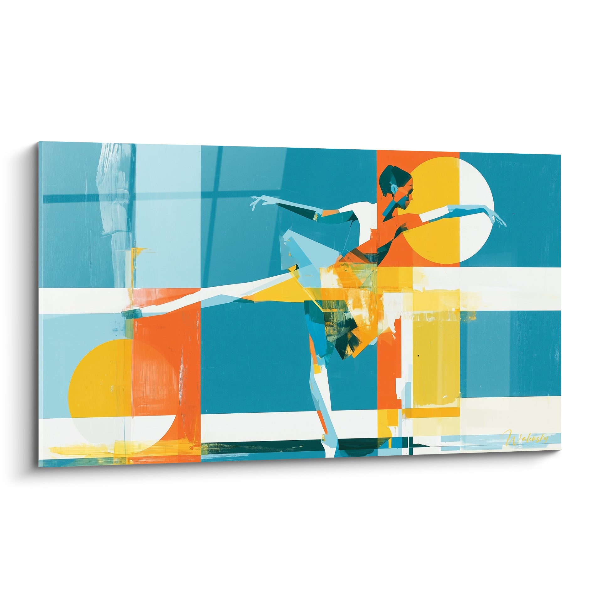 Danseuse abstraite en arabesque, teintes bleu sarcelle et orange, composition géométrique fragmentée