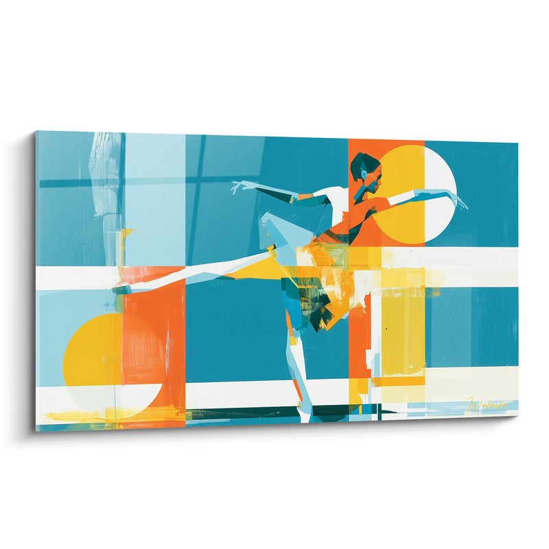 Tableau Danseuse bleu et orange aux cercles solaires géométriques - Grille colorée en aplats - Edition Danseuse abstrait
