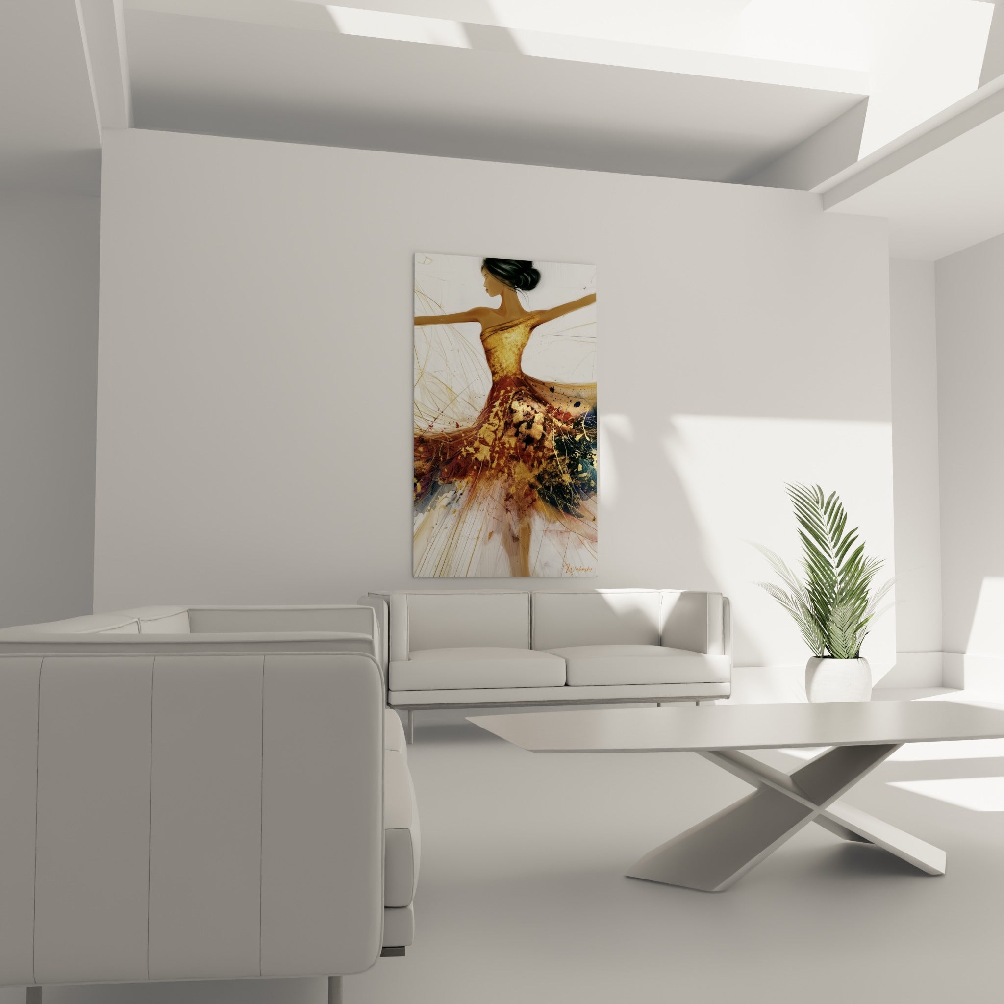 Robe virevoltante dorée et anthracite d'une danseuse abstraite au-dessus d'un canapé dans un salon lumineux