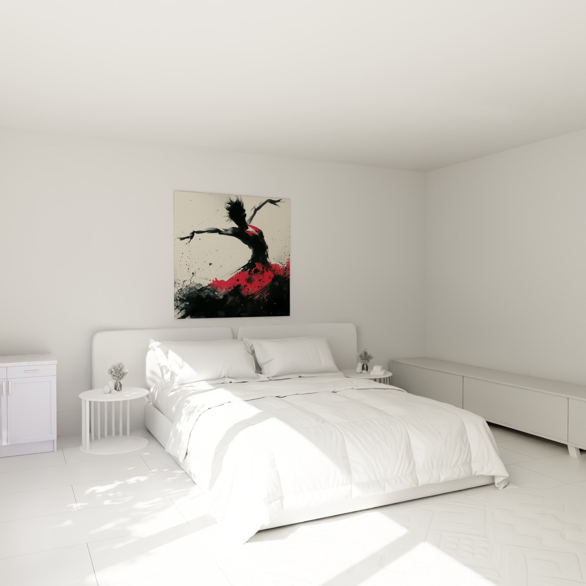 Silhouette de danseuse écarlate et anthracite en plein mouvement, accrochée au-dessus d'un lit dans une chambre claire