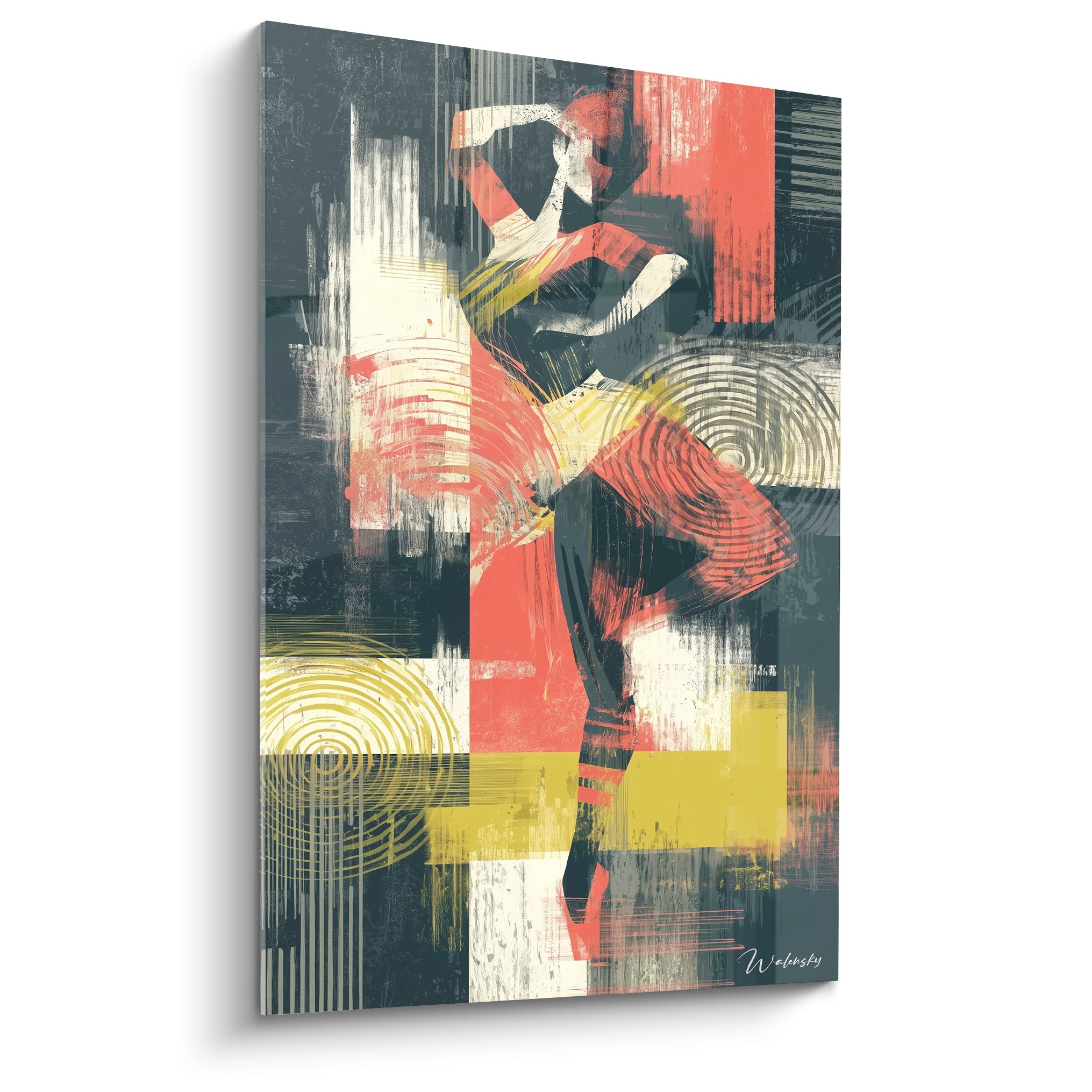 Danseuse abstraite en équilibre, silhouette corail et blanche sur fond anthracite et jaune moutarde graphique