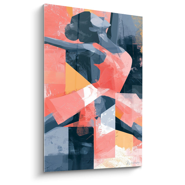 Coral and Navy Dancer Painting with Triangular Facets - Geometric Raised Arms - Abstract Dancer Edition