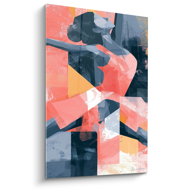 Tableau Danseuse corail et bleu marine aux facettes triangulaires - Bras levés géométriques - Edition Danseuse abstrait