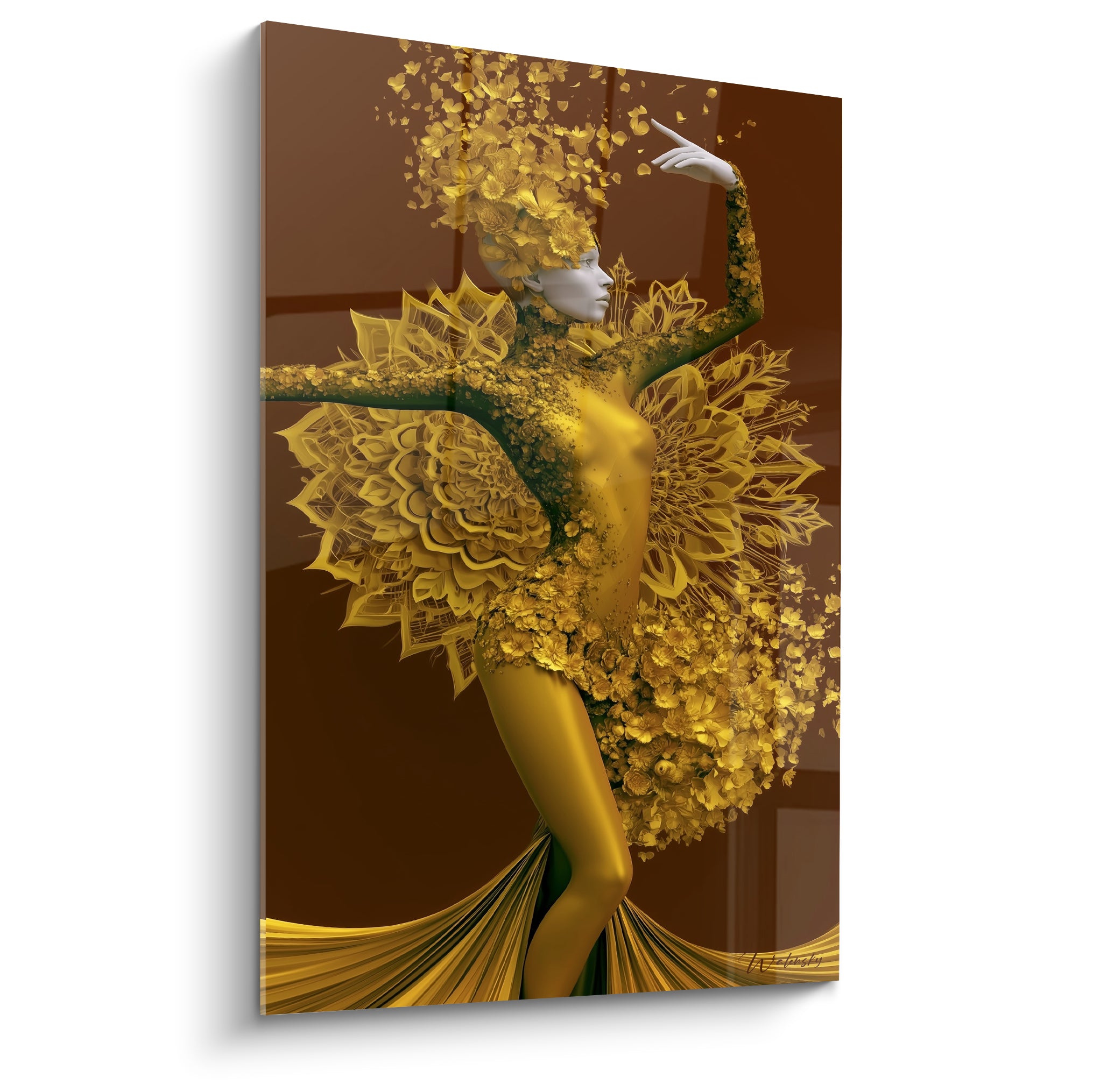 Danseuse dorée en mouvement, robe de pétales et fond brun, style numérique raffiné