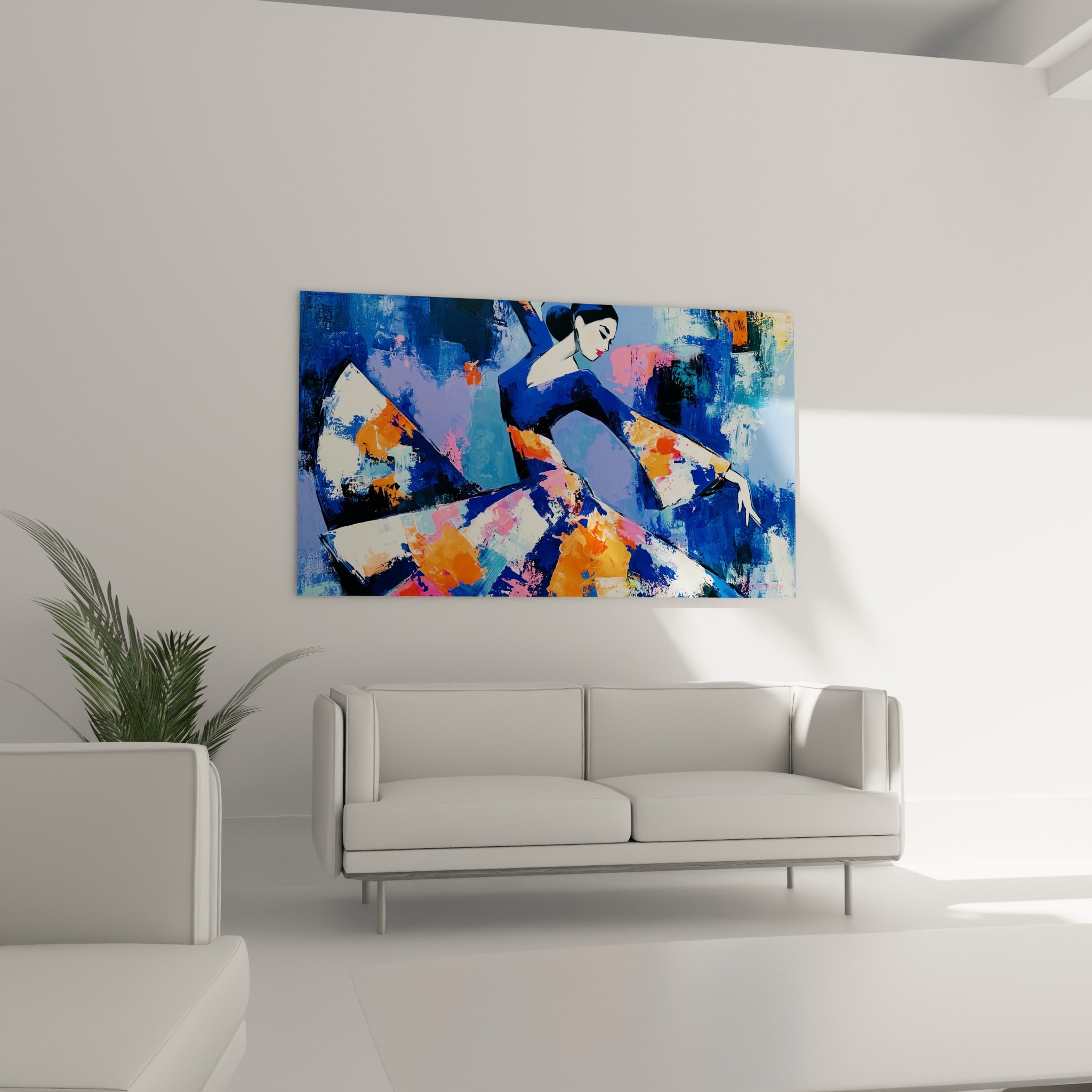 Robe déployée en orange et blanc cassé sur fond bleu profond, danseuse au-dessus d'un canapé dans un salon lumineux.