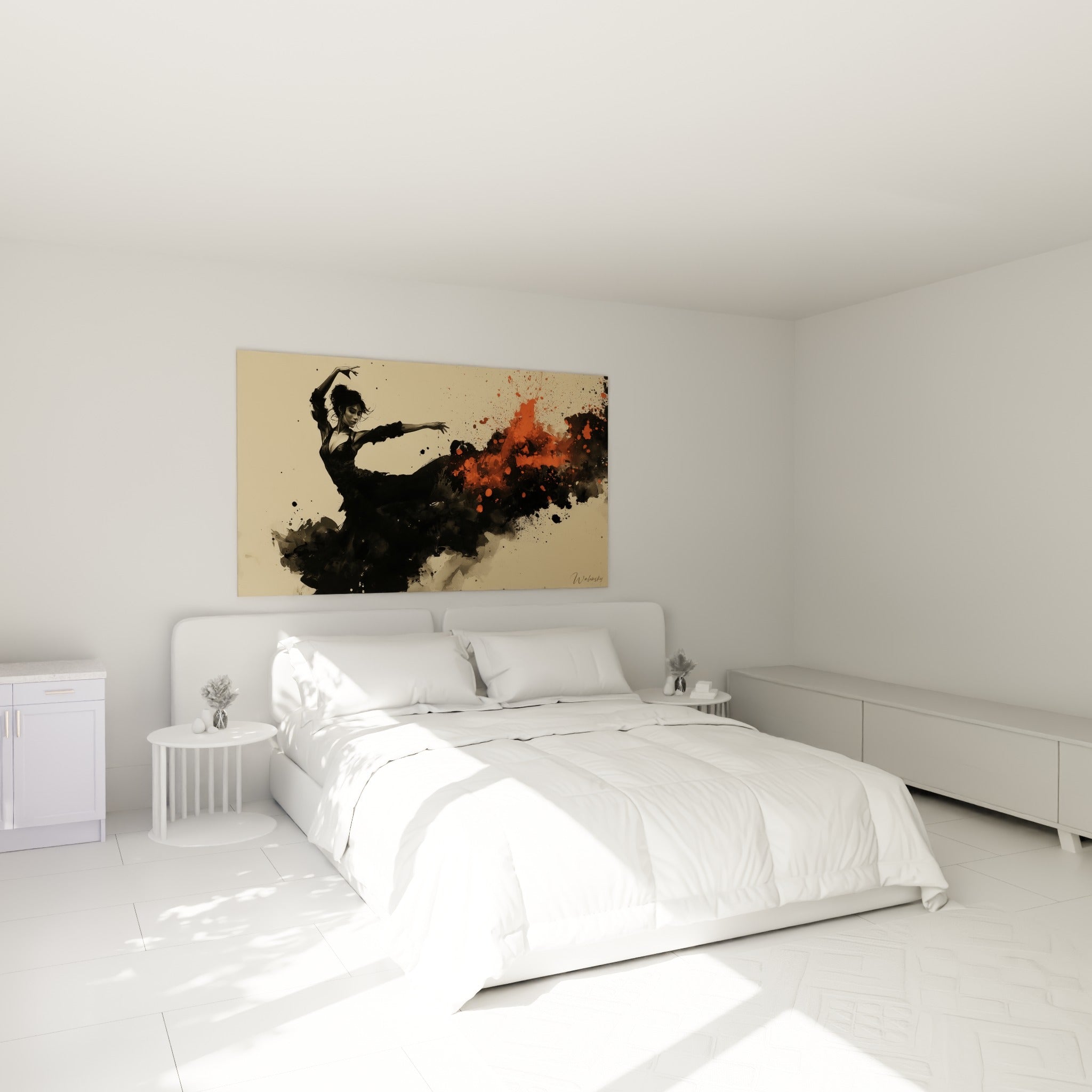 Silhouette de danseuse noire et terracotta au-dessus d'un lit dans une chambre claire