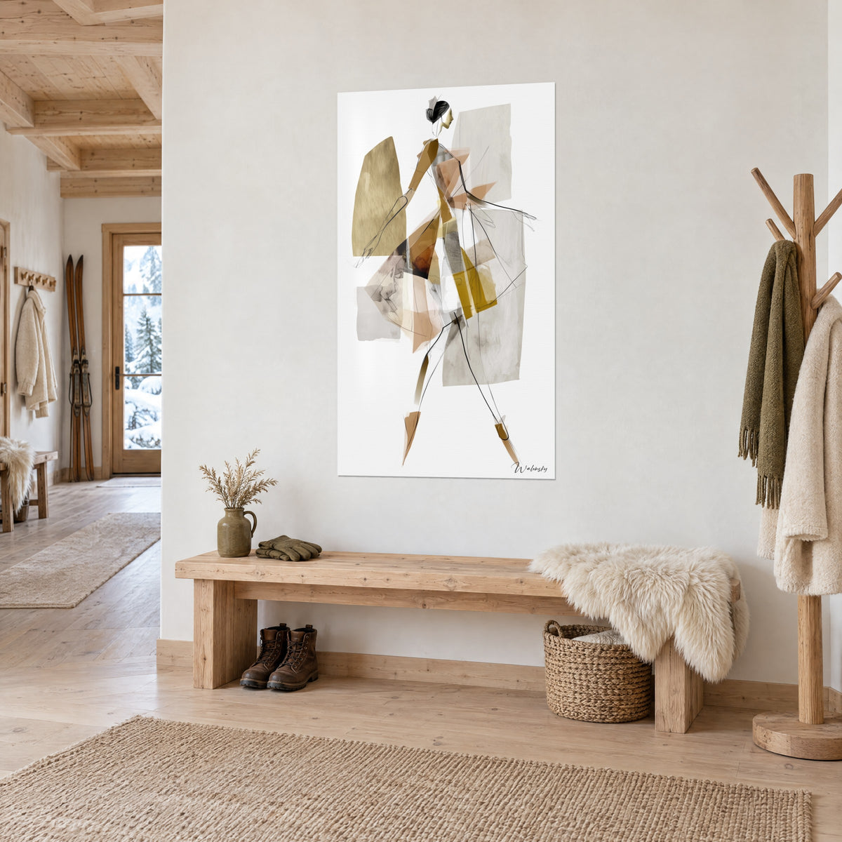 Wall art slender charcoal silhouette on ochre and light grey papers, fine black line, in a chalet entryway beside a bench