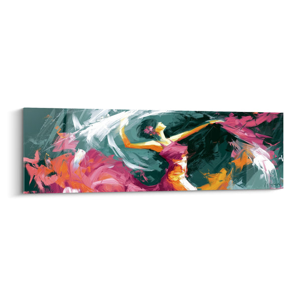 Painting Ballerina magenta and orange dress on sarcelle background - Pink flower hair - Ballerina abstract edition