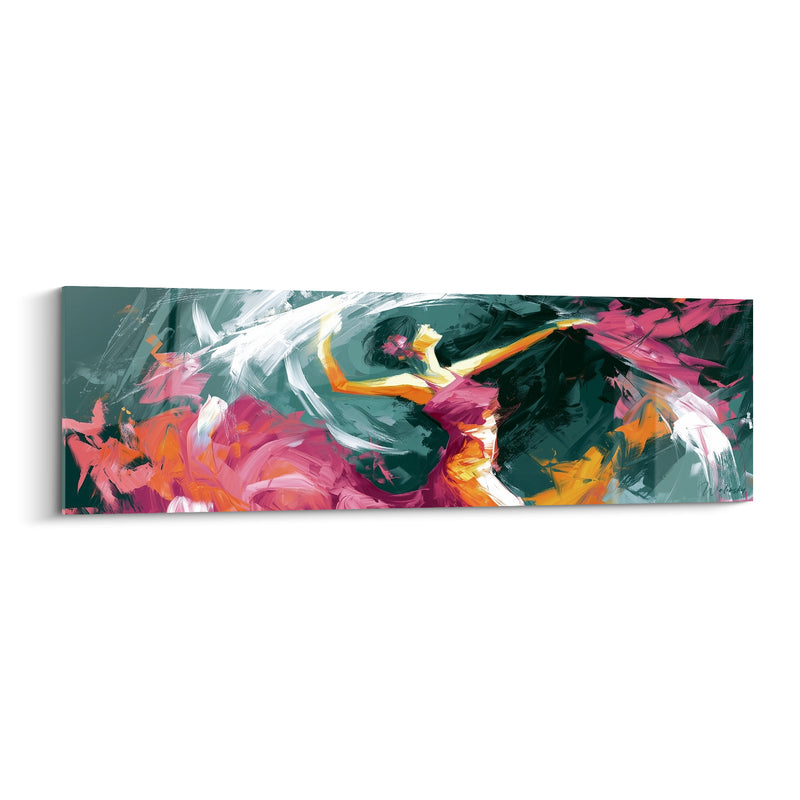Tableau Danseuse robe magenta et orange sur fond sarcelle - Fleur rose aux cheveux - Edition Danseuse abstrait