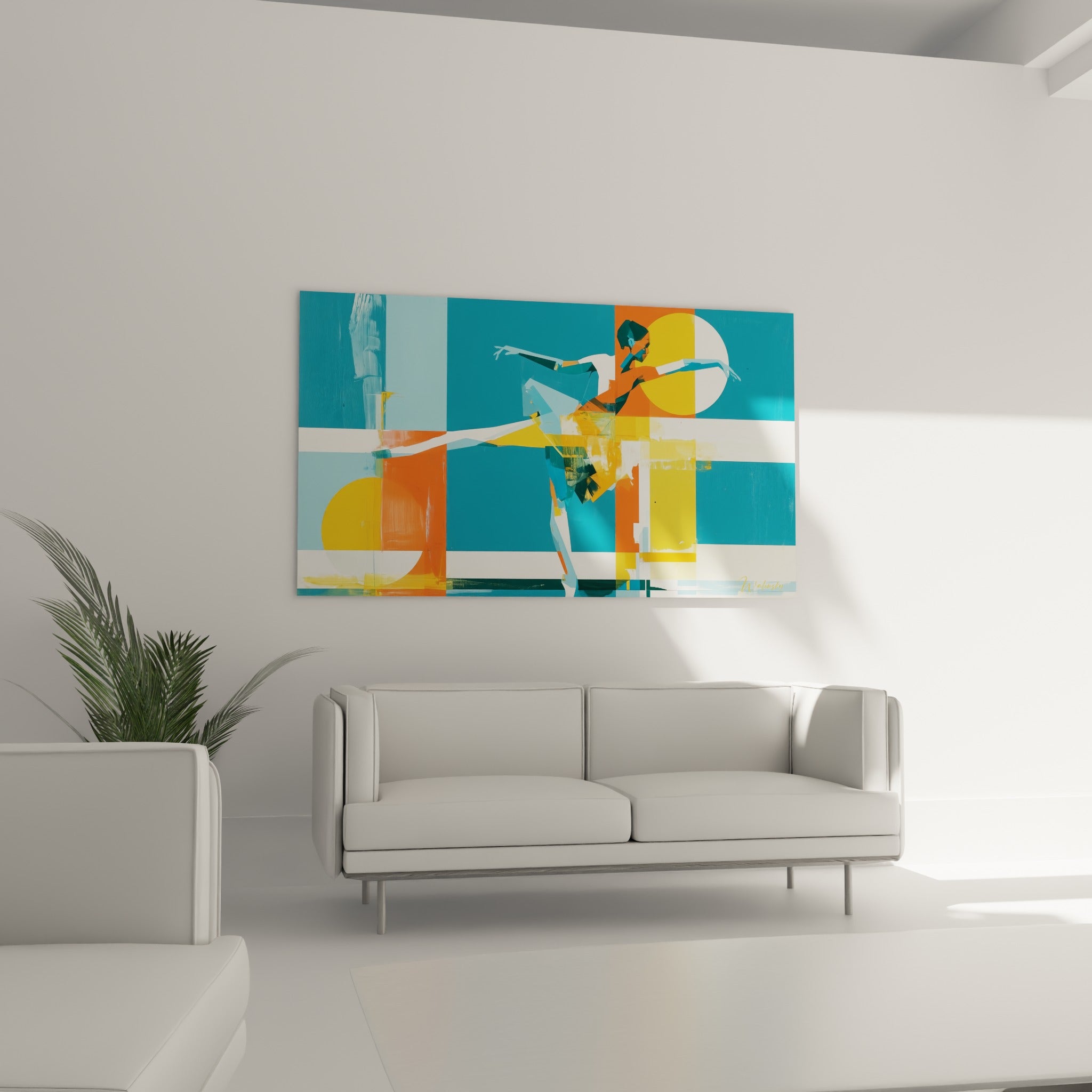 Ballerine en équilibre, couleurs orange brûlé et bleu profond, au-dessus d'un canapé dans un salon lumineux