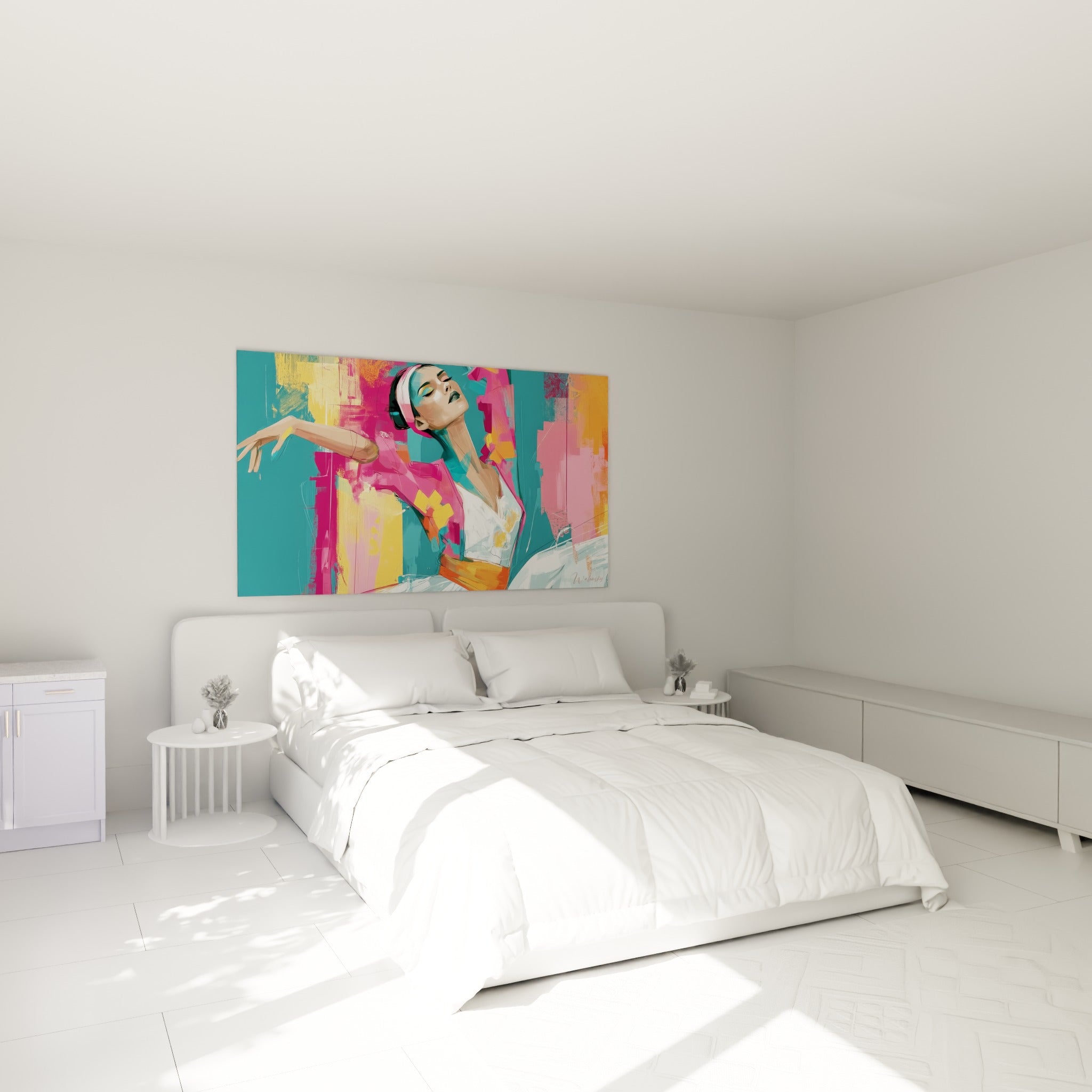 Ballerine cambrée en rose fuchsia et jaune safran, au-dessus d'un lit dans une chambre claire