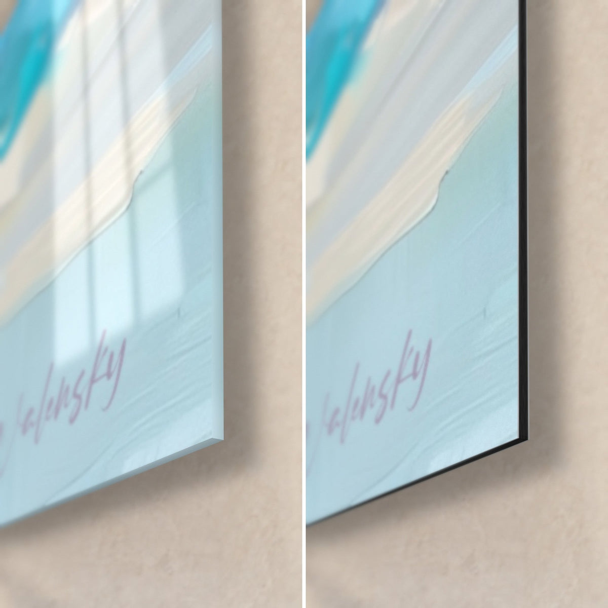 Tableau silhouette dansante en peinture à la spatule, turquoise et rose pâle, coin bas droit en verre brillant et Dibond mat