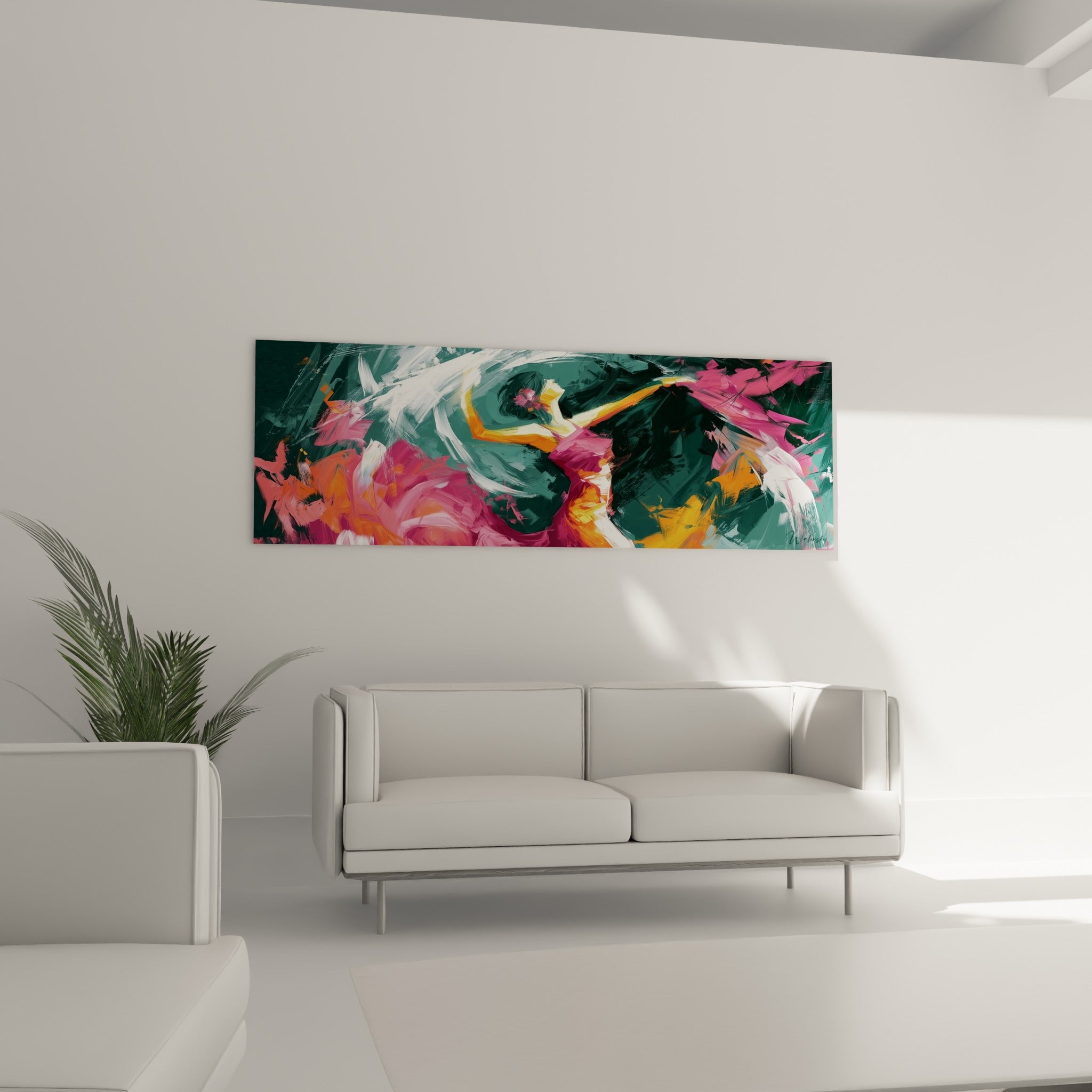 Geste dansé aux teintes vert émeraude et roses, tableau danseuse au-dessus d'un canapé dans un salon lumineux