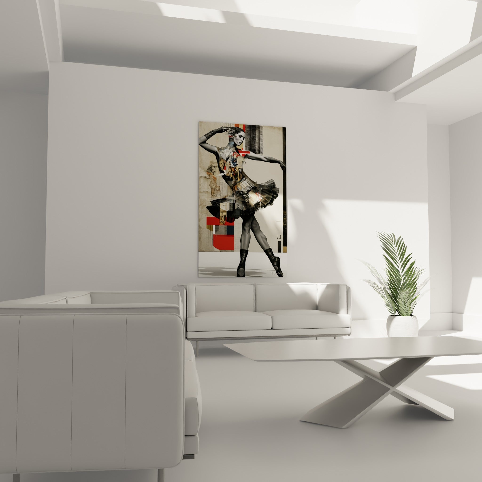 Silhouette de danseuse en mouvement, noir et rouge contrastés, au-dessus d'un canapé dans un salon lumineux