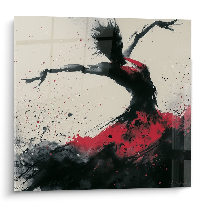 Tableau Silhouette rouge et noire aux cheveux dénoués - Éclaboussures d'encre au sol - Edition Danseuse abstrait