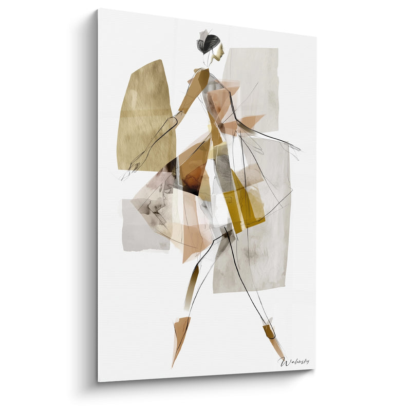 Tableau Danseuse ocre et beige aux formes géométriques - Chignon brun de profil - Edition Danseuse abstrait