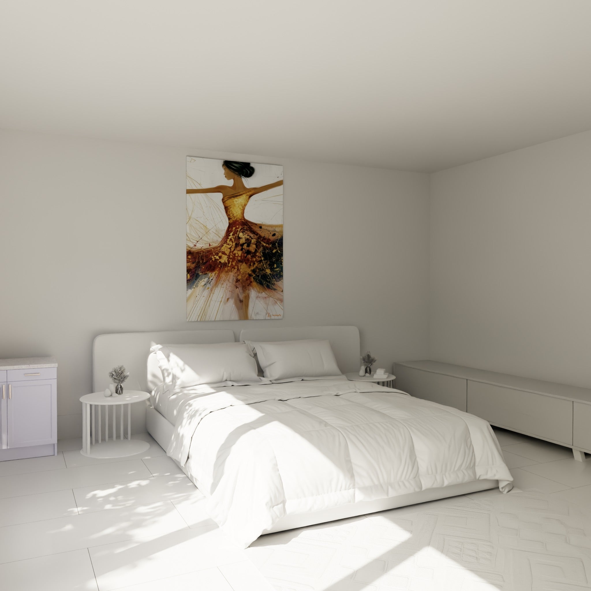 Silhouette dorée et bordeaux d'une danseuse abstraite au-dessus d'un lit dans une chambre claire