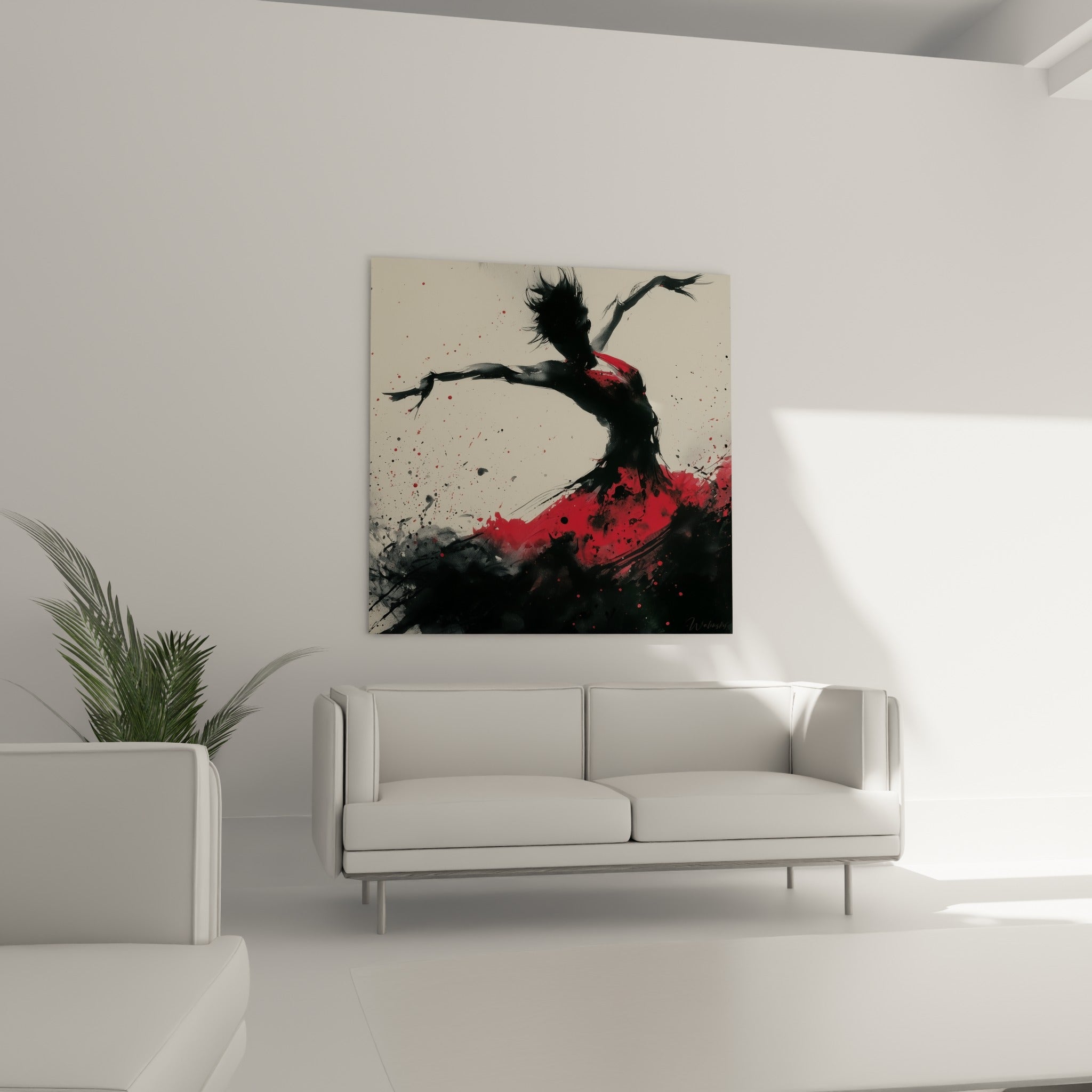 Corps cambré en noir profond et robe rouge sang, tableau danseuse abstrait au-dessus d'un canapé dans un salon lumineux