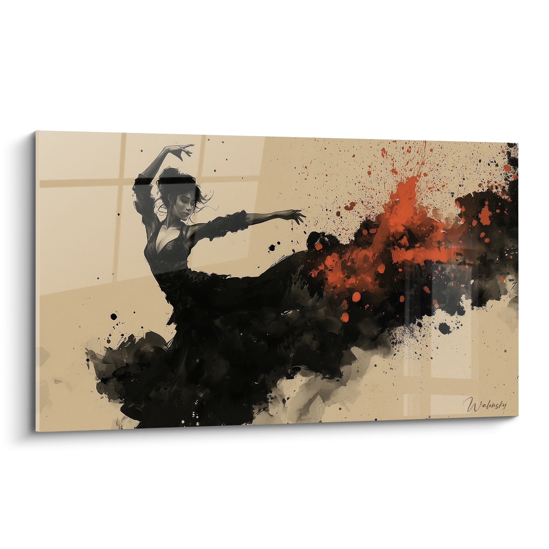 Danseuse abstraite en robe noire éclaboussée de terracotta, geste de flamenco figé sur fond sable