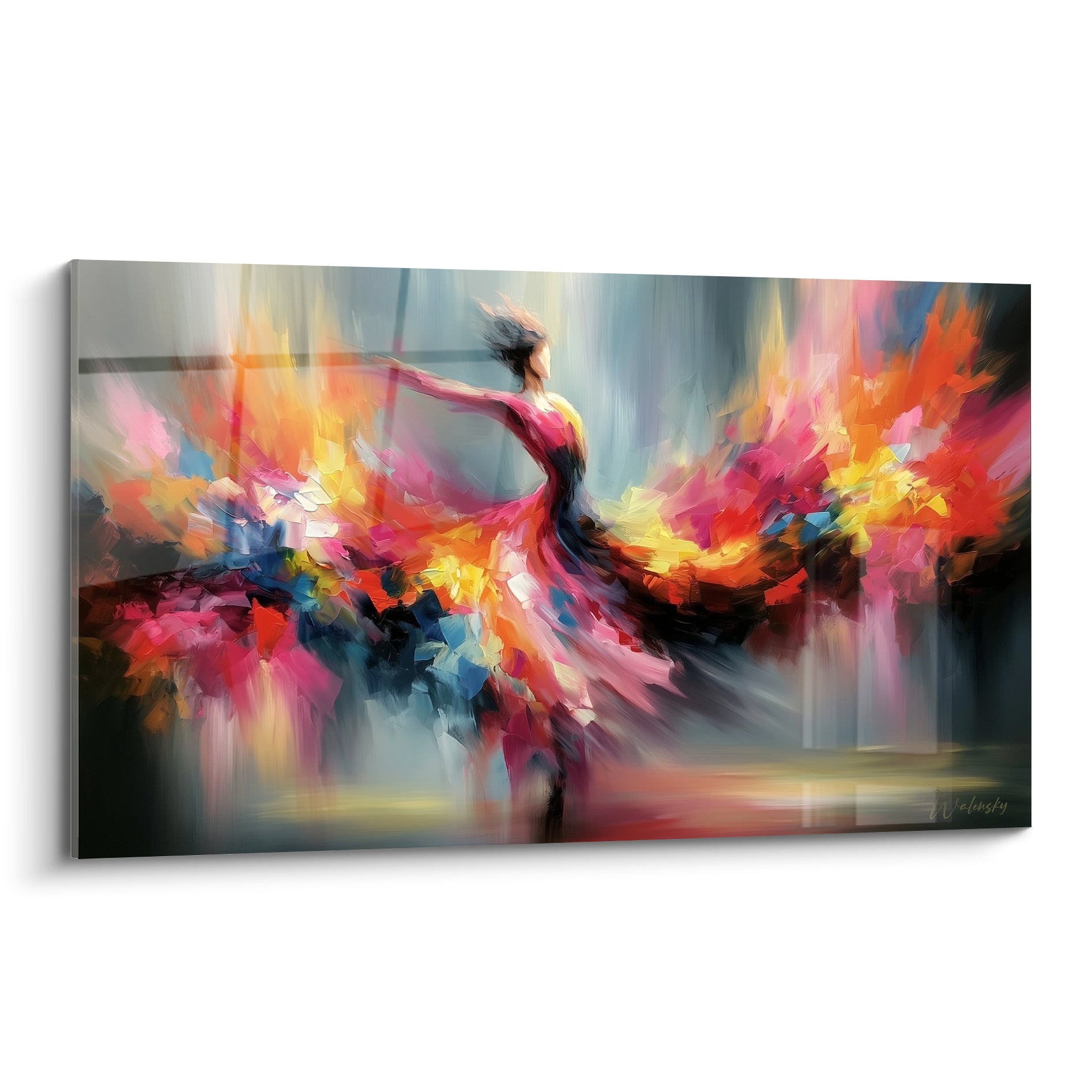 Danseuse abstraite en robe rose et fauve, tourbillon de couleurs sur fond anthracite