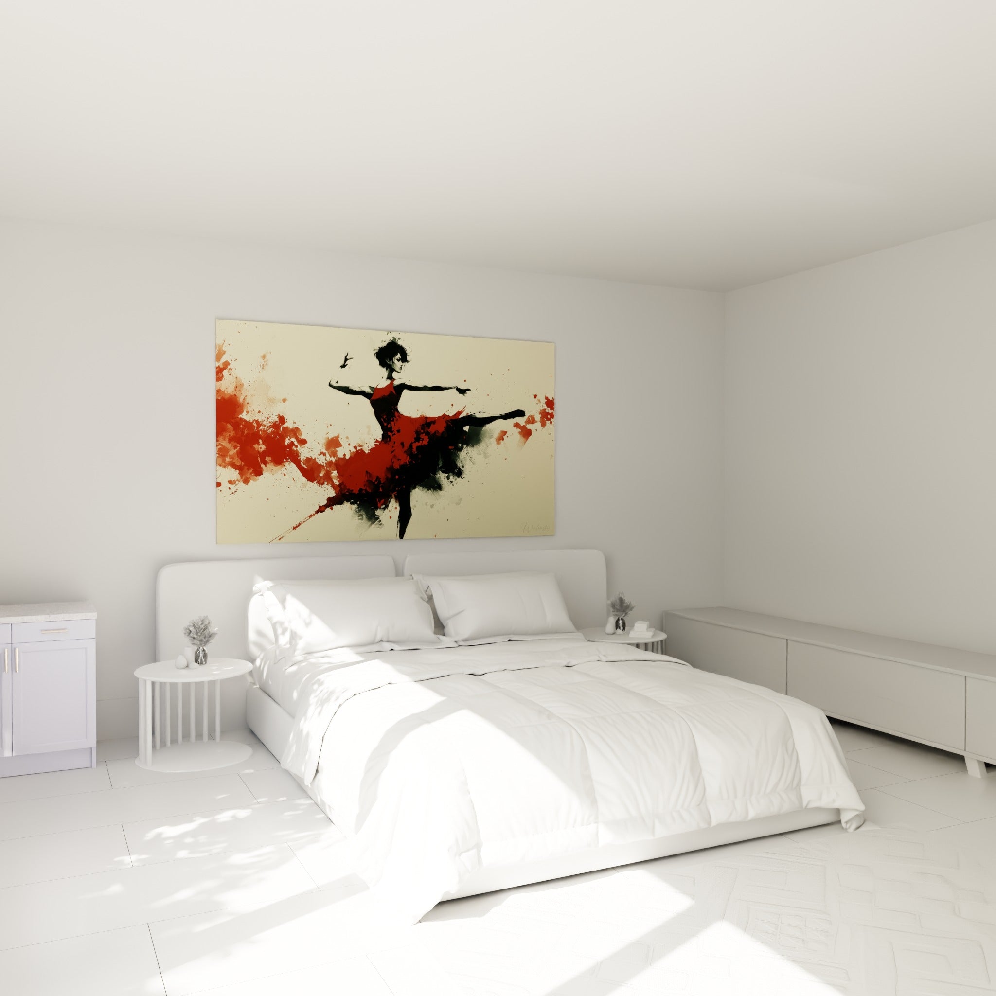 Silhouette de danseuse rouge et noire en mouvement, accrochée au-dessus d'un lit dans une chambre claire