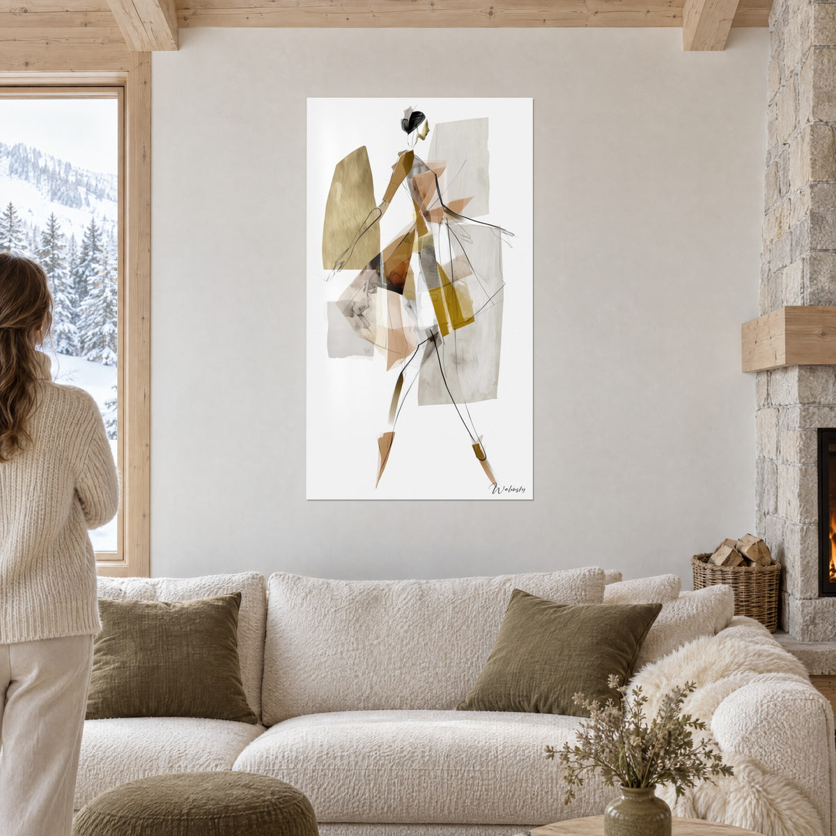 Wall art stylized dancer in ochre and beige flat tones, brown bun in profile, above a sofa in a bright living room