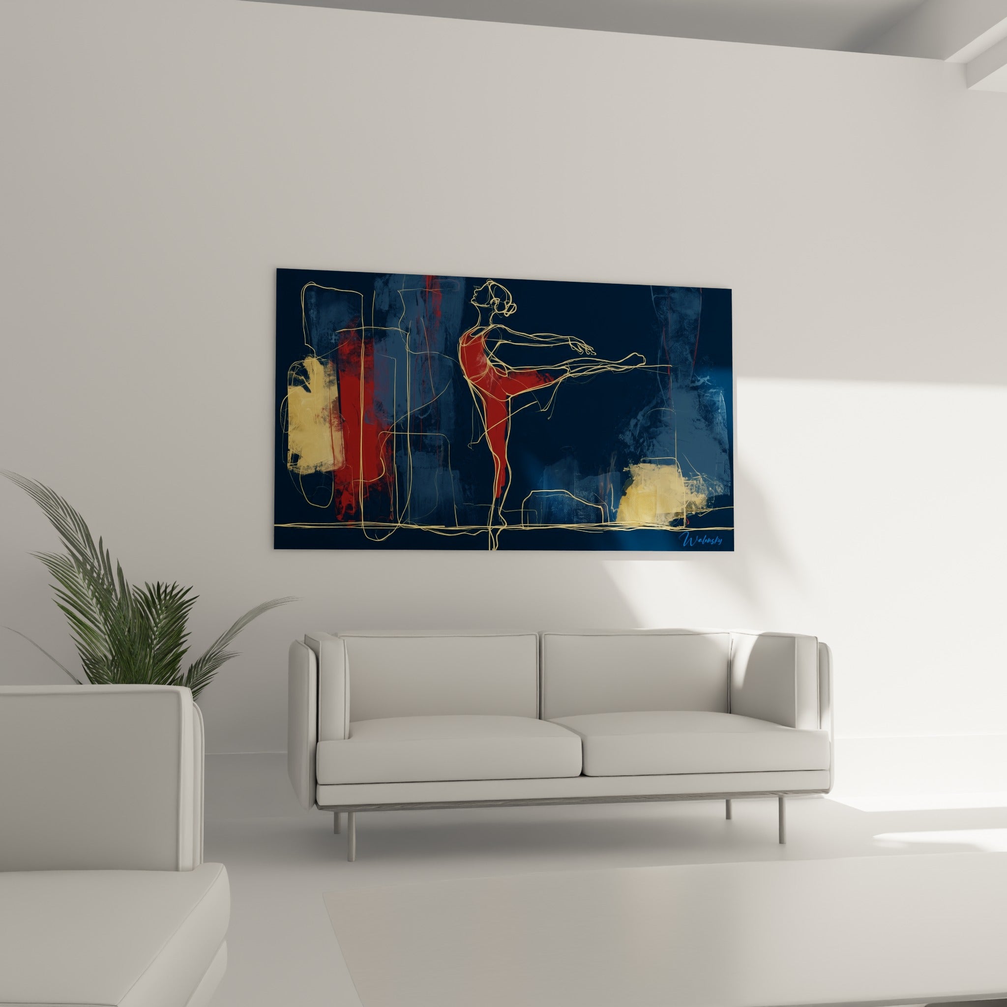 Silhouette gracieuse aux lignes dorées et rouge sombre, au-dessus d'un canapé dans un salon lumineux