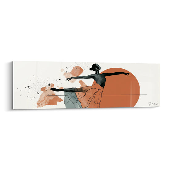 Danseuse abstraite noire en arabesque devant un cercle terracotta et éclaboussures ocre